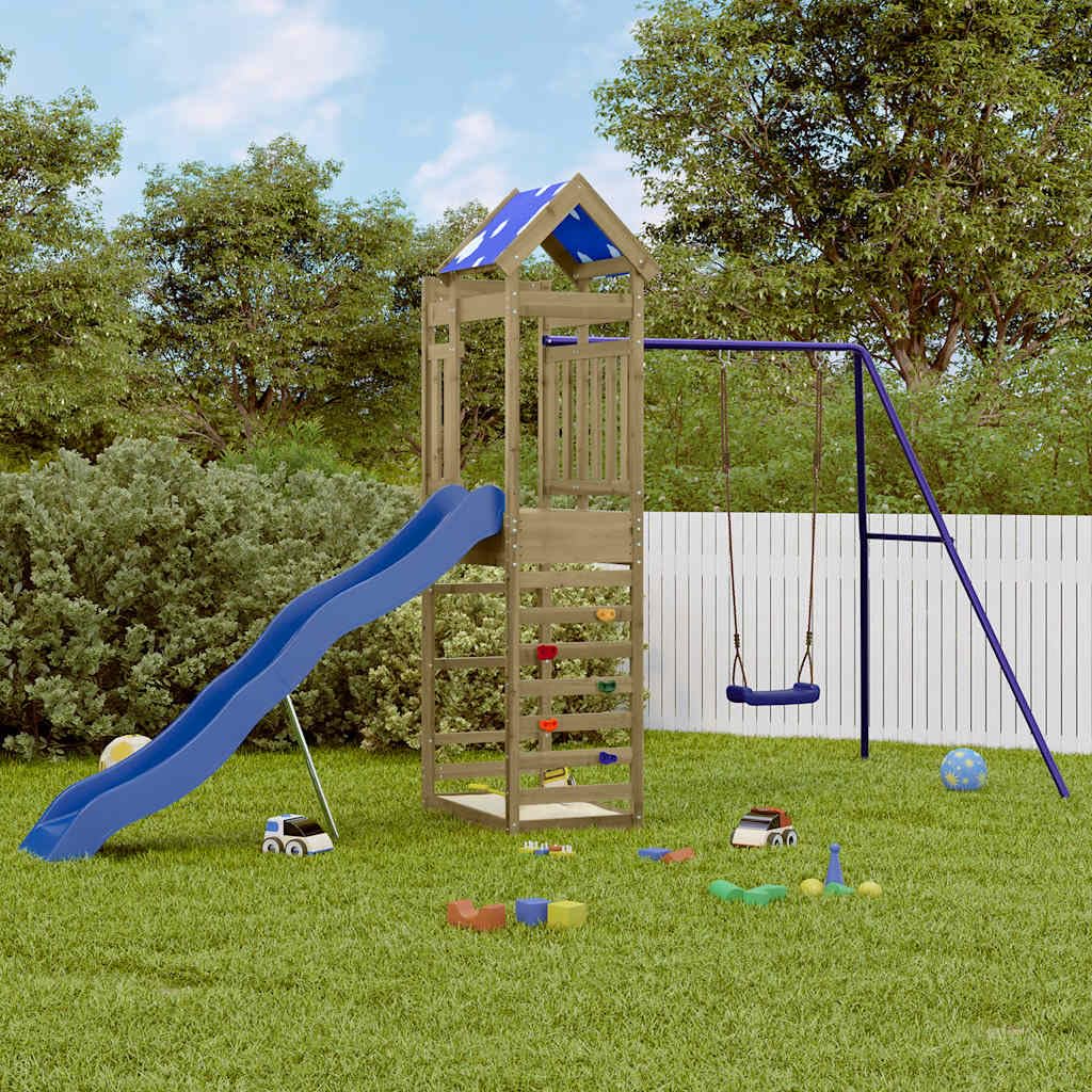 Spielturm aus imprägniertem Kiefernholz mit Rutsche Schaukel Sandkasten für Kinder im Garten, stabiles Klettergerüst mit Seil, Nest, Trapez, Ringe, Zubehör, Outdoor Spielhaus