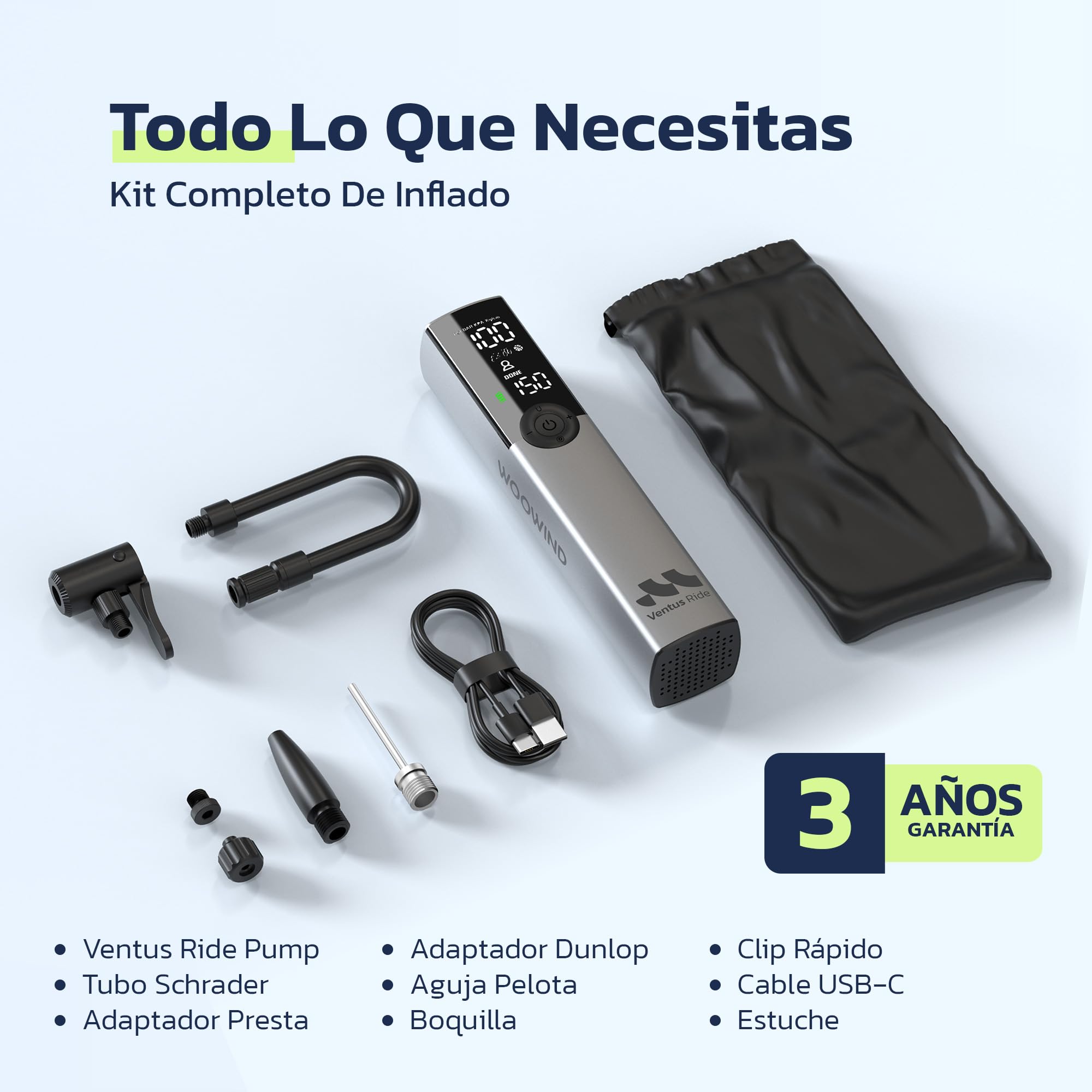 Woowind Ventus Ride Bomba Bicicleta, 150PSI/10,3Bar, Inflador Electrico, Inflado en 1 Minuto, Hinchador Bicicleta, Válvulas Presta, Schrader, Dunlop para Carretera, Montaña, E-bike, Apagado Automático