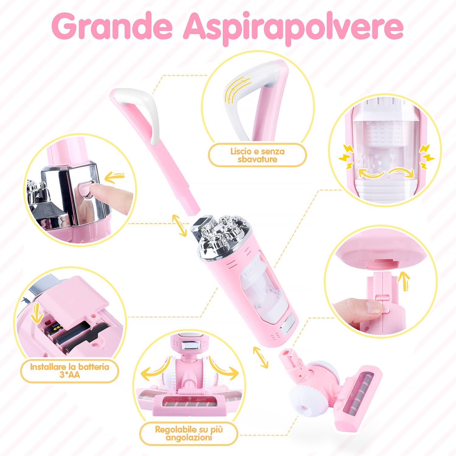 PLAY 2 in 1 Aspirapolvere Giocattolo Bambini, Aspirapolvere Funzionante con Particelle EVA, Effetto di Aspirazione e Suono Realistico, Set Pulizia Giocattolo per Bambini 3+ Anni (Rosa)