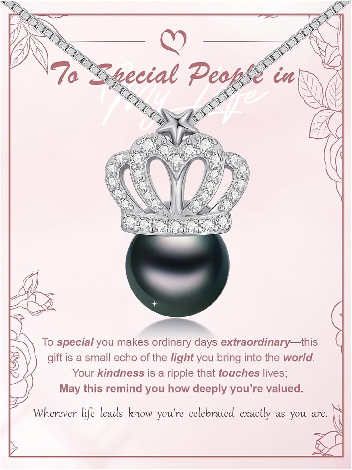 Tahitian Black Pearl AAAA 18K White Gold Plated Sterling Silver Crown Pendant Necklace for Women Wife Mom Girlfriend Valentine Her Jewelry Gift for Anniversary Birthday Christmas