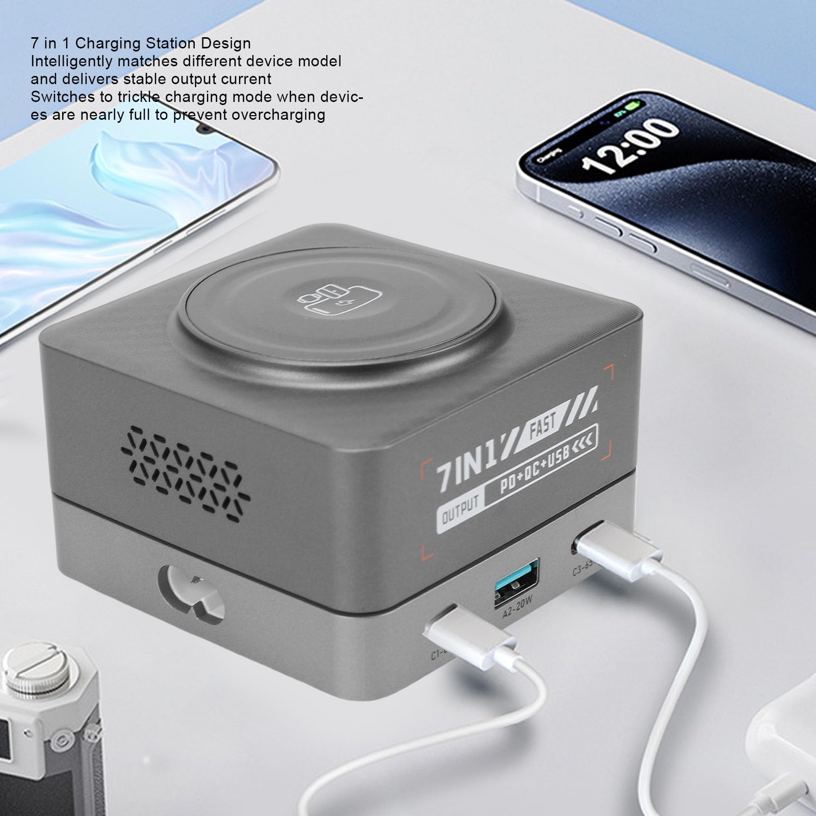 Stazione di Ricarica USB da 80 W, Hub Caricabatterie Rapido a 6 Porte con Ricarica Wireless Magnetica per Smartphone, Tablet e Laptop, Protezioni Multiple di Sicurezza (Spina europea)