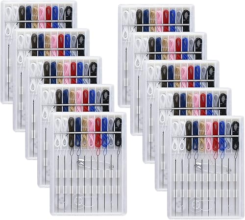 Kit de costura de fijación rápida de 10 cajas para viajes y hogar, kit de agujas preroscadas para reparación de ropa para suministros de costura