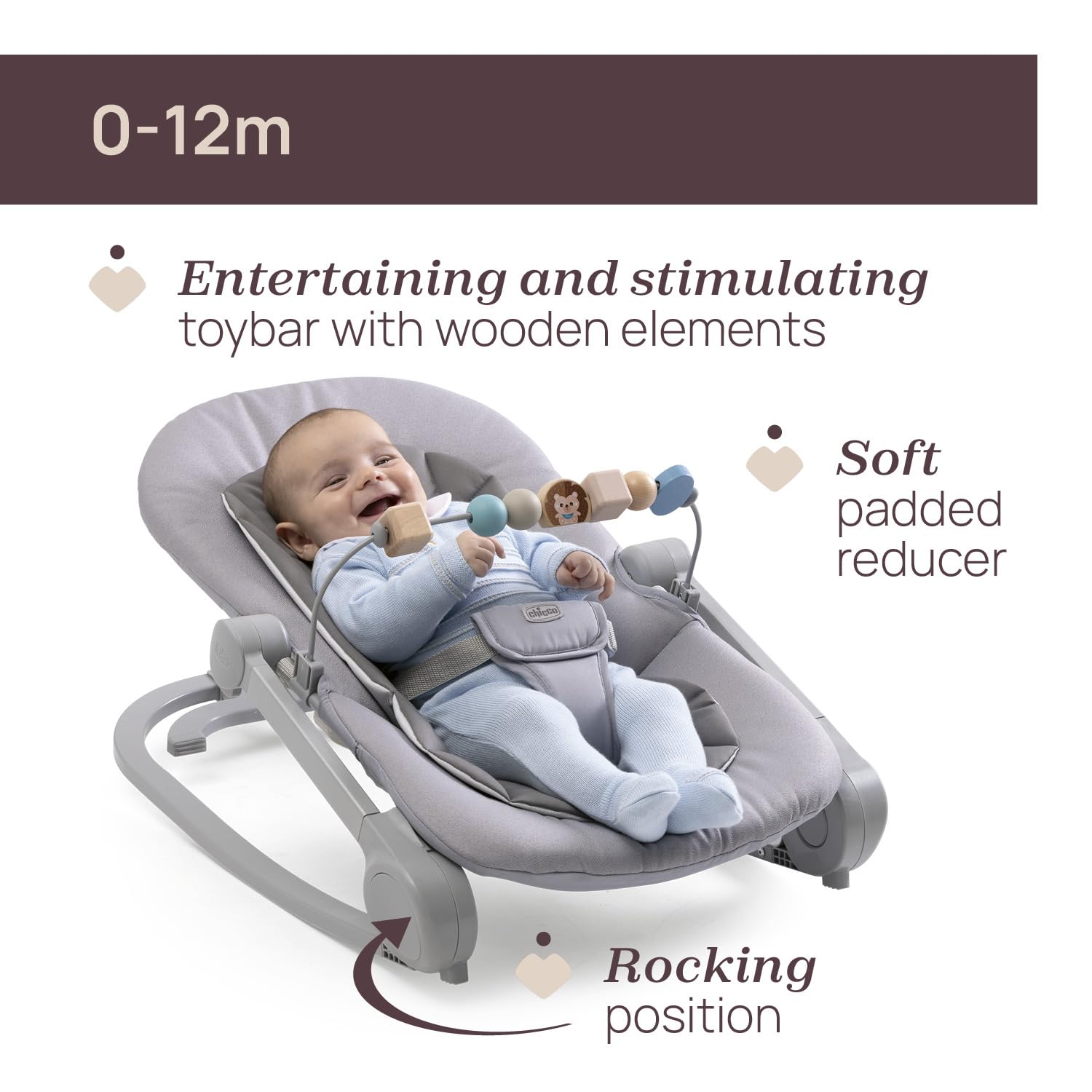 Chicco Silla Mecedora Magia, 2 en 1: Silla Mecedora para Recién Nacidos y Primera Silla hasta 18 kg, Barra de Juegos con Elementos de Madera, Mini Reductor Incluido, Modo Mecedora o Fija