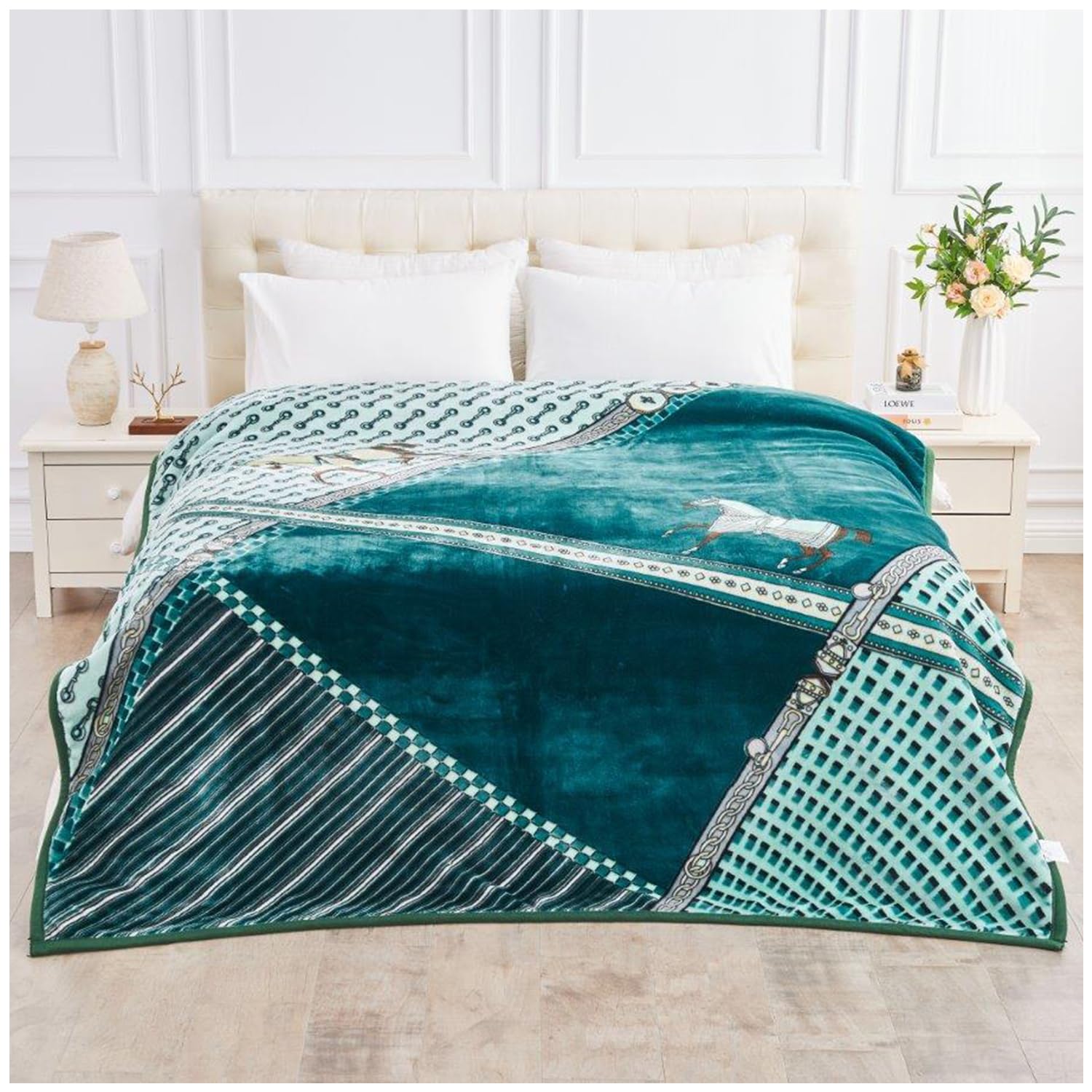 GC GAVENO CAVAILIA Sherpa Fleece Blanket Bed Throw - Horse Print Reversible Blankets 2Ply - Warm Thermal Heavy Weight Throw For Adult 5kg - Super Soft Fleece Blanket King Size - (200x240 cm)
