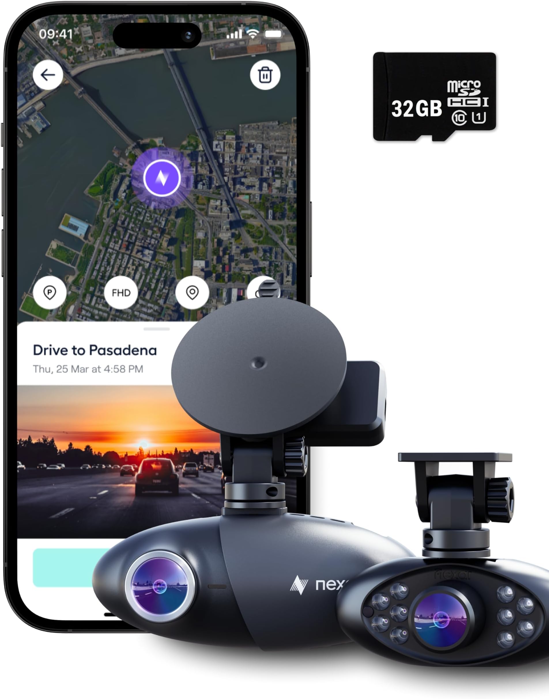 Nexar Pro Dual Dash Cam 1080p FHD Front and Interior Cameras AI Crash Detection 24H Parking Mode Night Vision and Unlimited Cloud Backup Includes 32GB SD Card and 1-Year Nexar App Subscription
