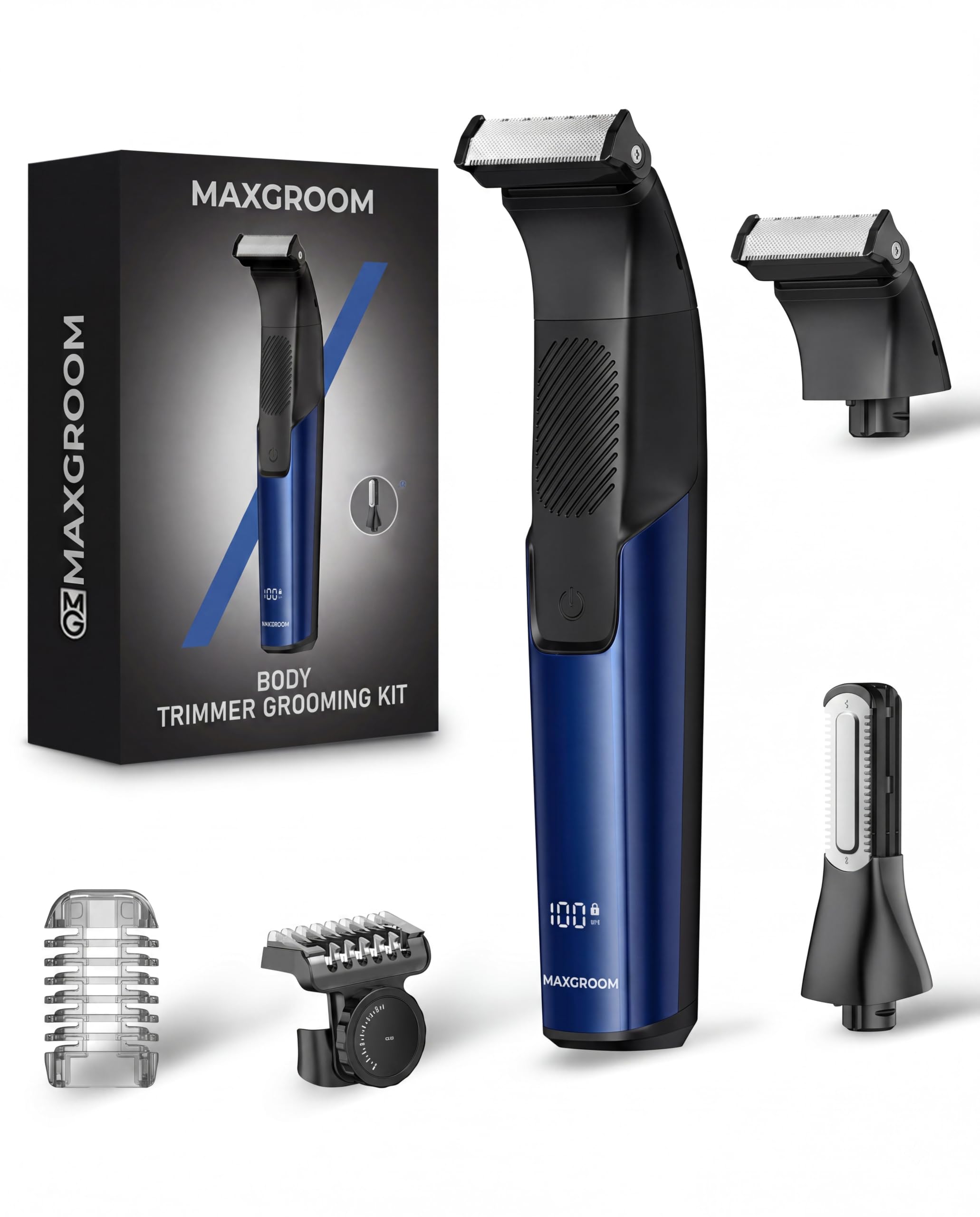 MAXGROOM 2 in 1 Rasoio Elettrico Corpo Uomo a Umido e Secco, Rasoio Parti Intime Uomo con 2 Testine, Depilatore Corpo, Display LED, Pettine Regolabile, Ideale per Palestra e Viaggi