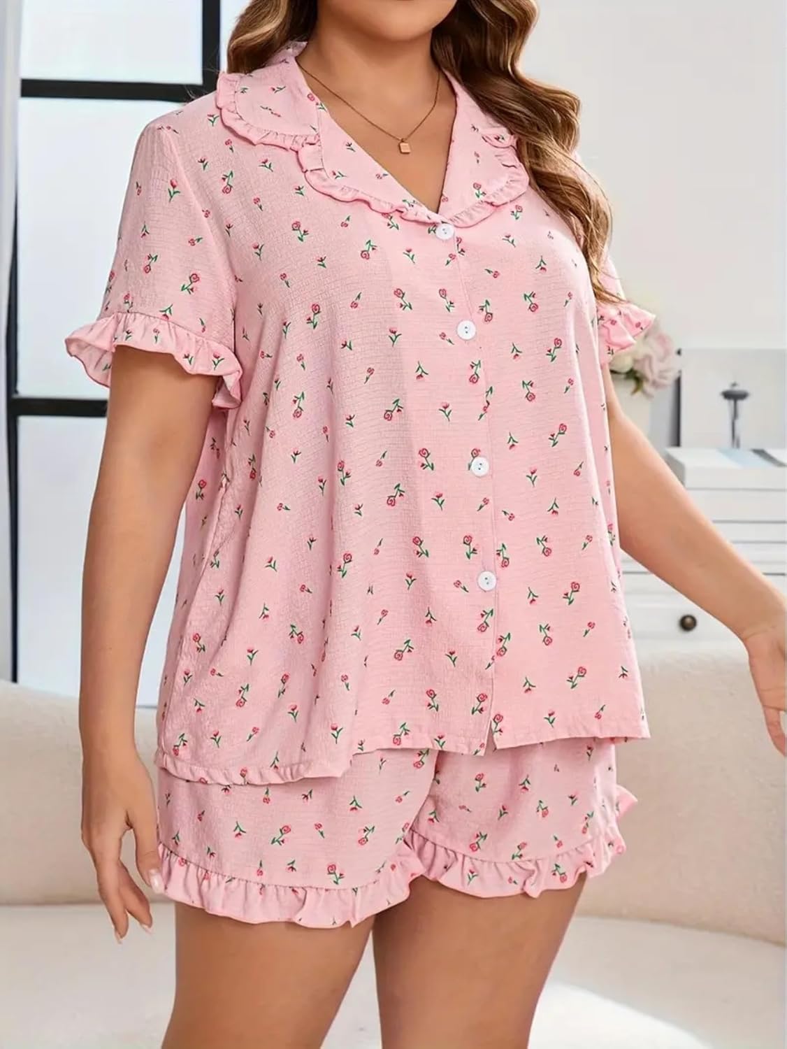 Floerns Women's Plus Size 2 Piece Floral Pajamas Set Casual Ruffle Collared Shirt with Shorts - Image 2