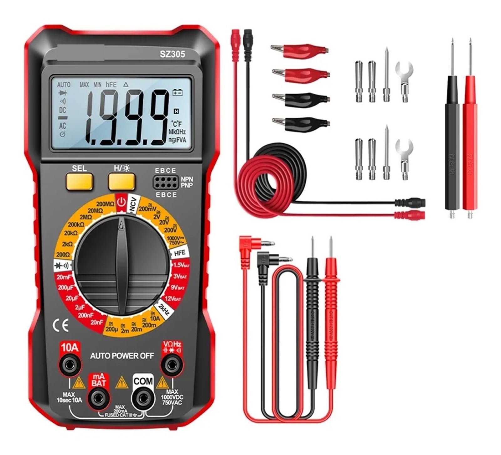 Multímetro SZ305, probador de capacitores profesional, 1999 cuentas, voltímetro, voltaje CA/CC, corriente, resistencia, ohmios(SZ305 Red Pro)