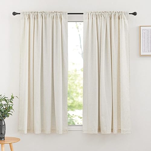 Miniatura 2 de PONY DANCE Cortinas de lino de 63 pulgadas de largo, 2 paneles con pestaña trasera, cortinas neutras semitransparentes para ventanas pequeñas, baño,