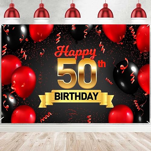 Decoraciones de feliz cumpleaños 50 color rojo y negro, globos de fondo para felicitaciones a los 50 años de edad, decoración temática de Bady para