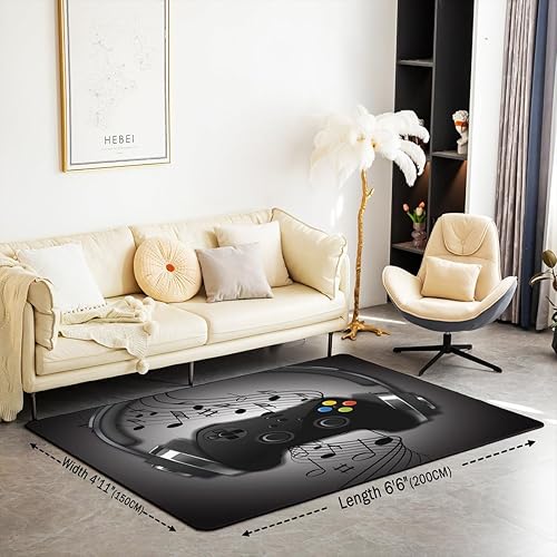 Miniatura 2 de Alfombra gamepad de 3 x 5 pies, color negro y gris, con auriculares, diseño musical, para niños y niños, decoración de sala de videojuegos, alfombra