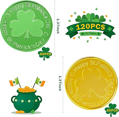 Miniatura 2 de OHOME Monedas de oro para el Día de San Patricio, 120 monedas de plástico de trébol verde y dorado, accesorios para el día de San Patricio,