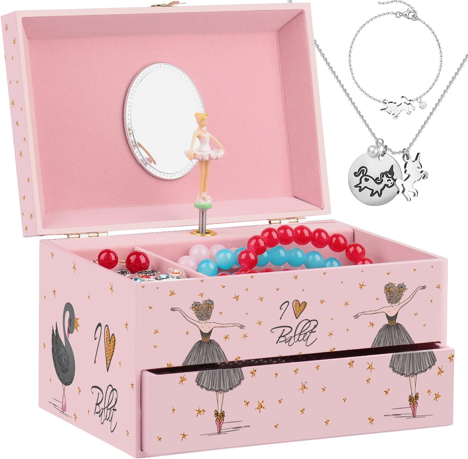 Jewelry Box for Girls with Unicorn Necklace and Bracelet Music Boxes with Spinning Ballerina & Drawer Musical Jewelry Organizer for girls Birthday Christmas Valentine Gift