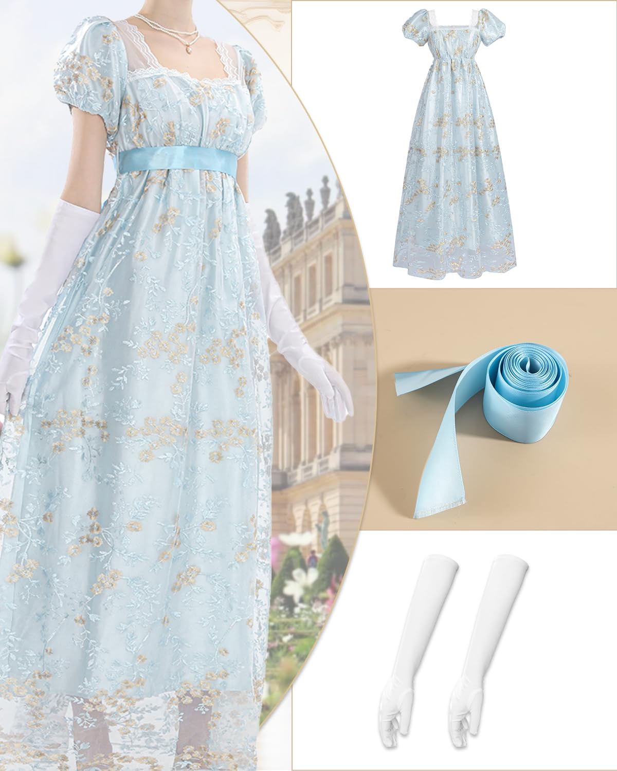 CR ROLECOS Empire Robe Regency Era pour femme - Costume de fête victorien - Avec manches bouffantes - Mariage
