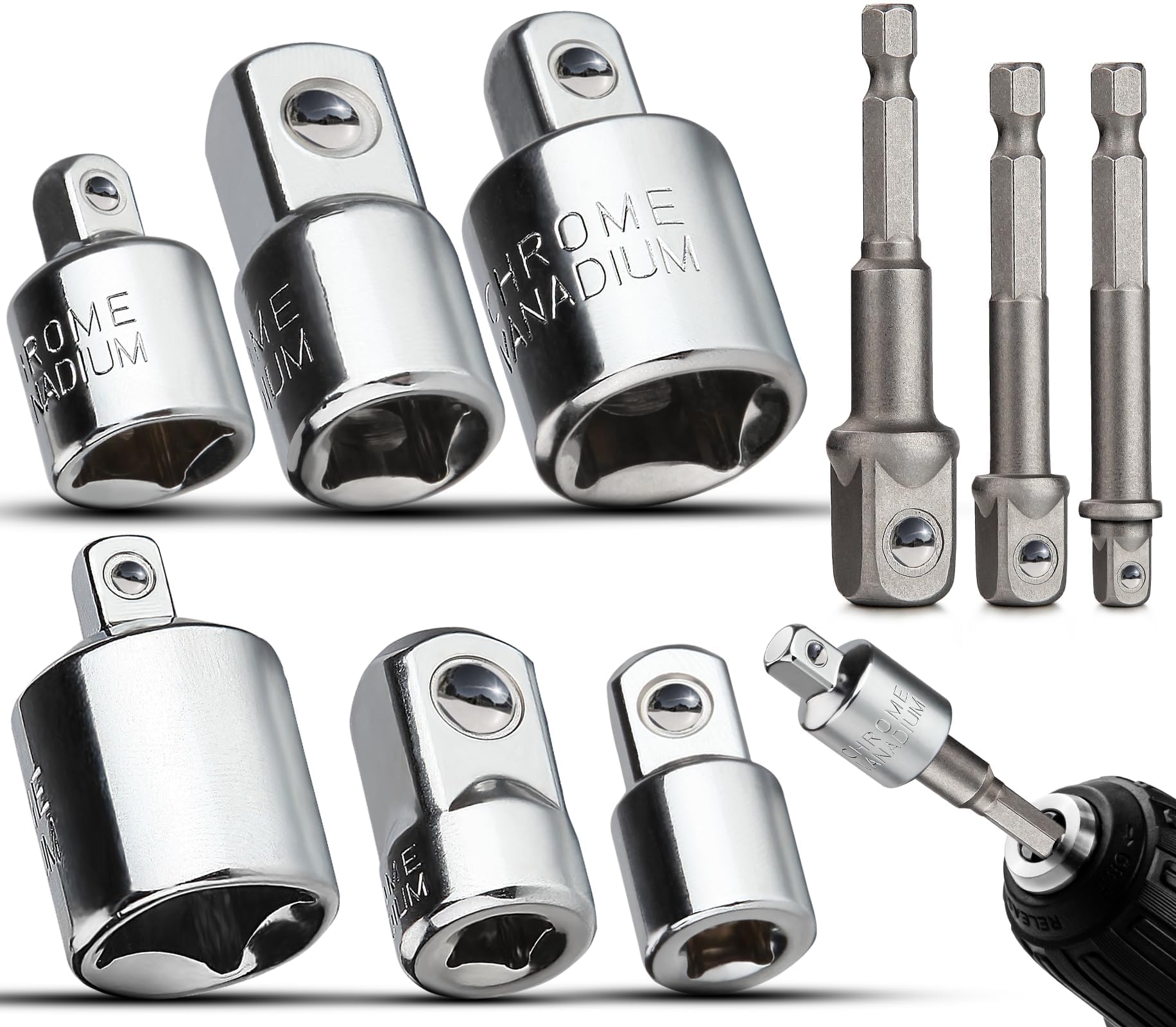 TXXATX Impact Socket Adapter Set 9 Pcs Reducer Drill Socket Adaptor Impact Driver Sockets Adapter 1/4" to 3/8", 1/4" to 1/2"