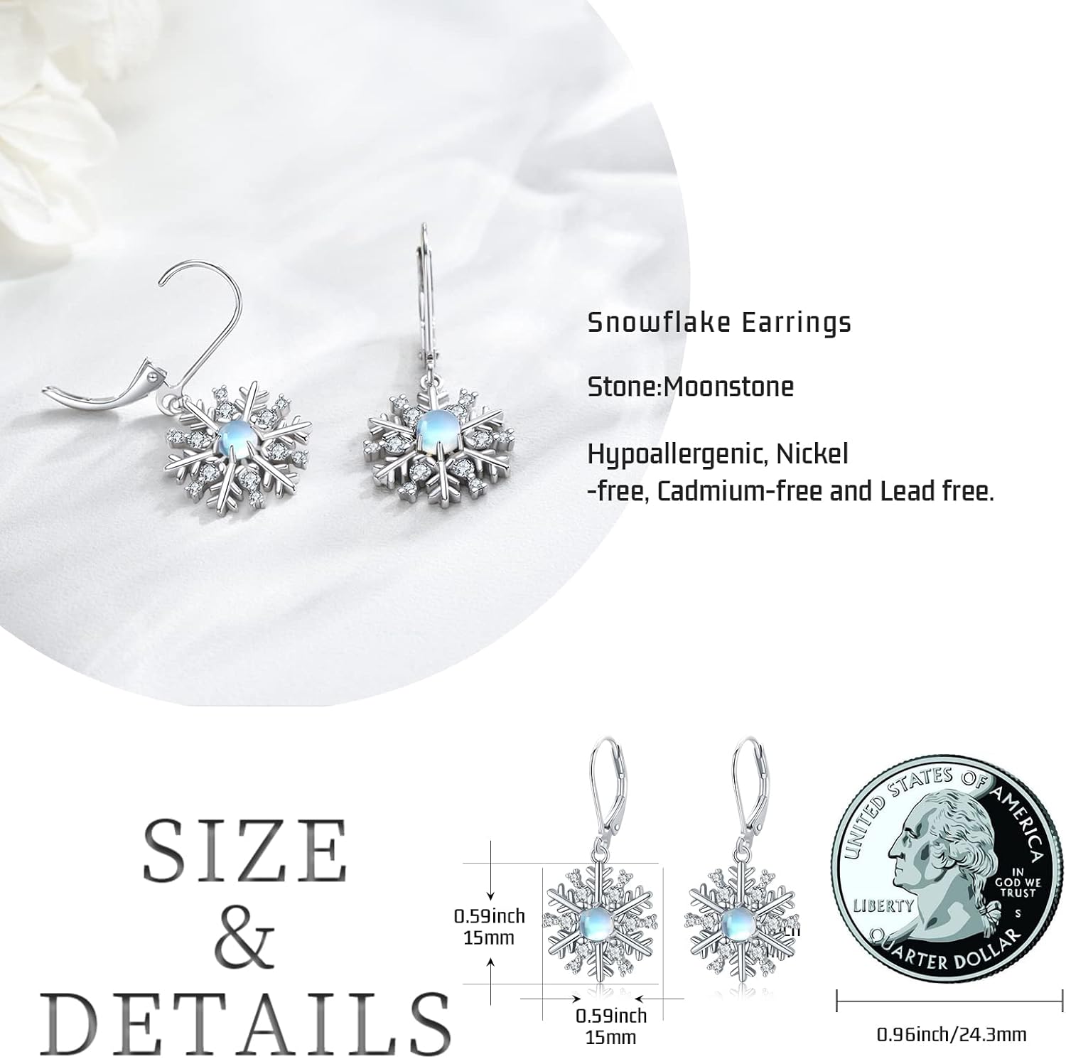 Sterling Silver Moonstone Snowflake Drop Earrings - Stud Earrings - Hypoallergenic Snowflake Jewelry - Birthday & Christmas Gifts for Women & Girls - Image 4