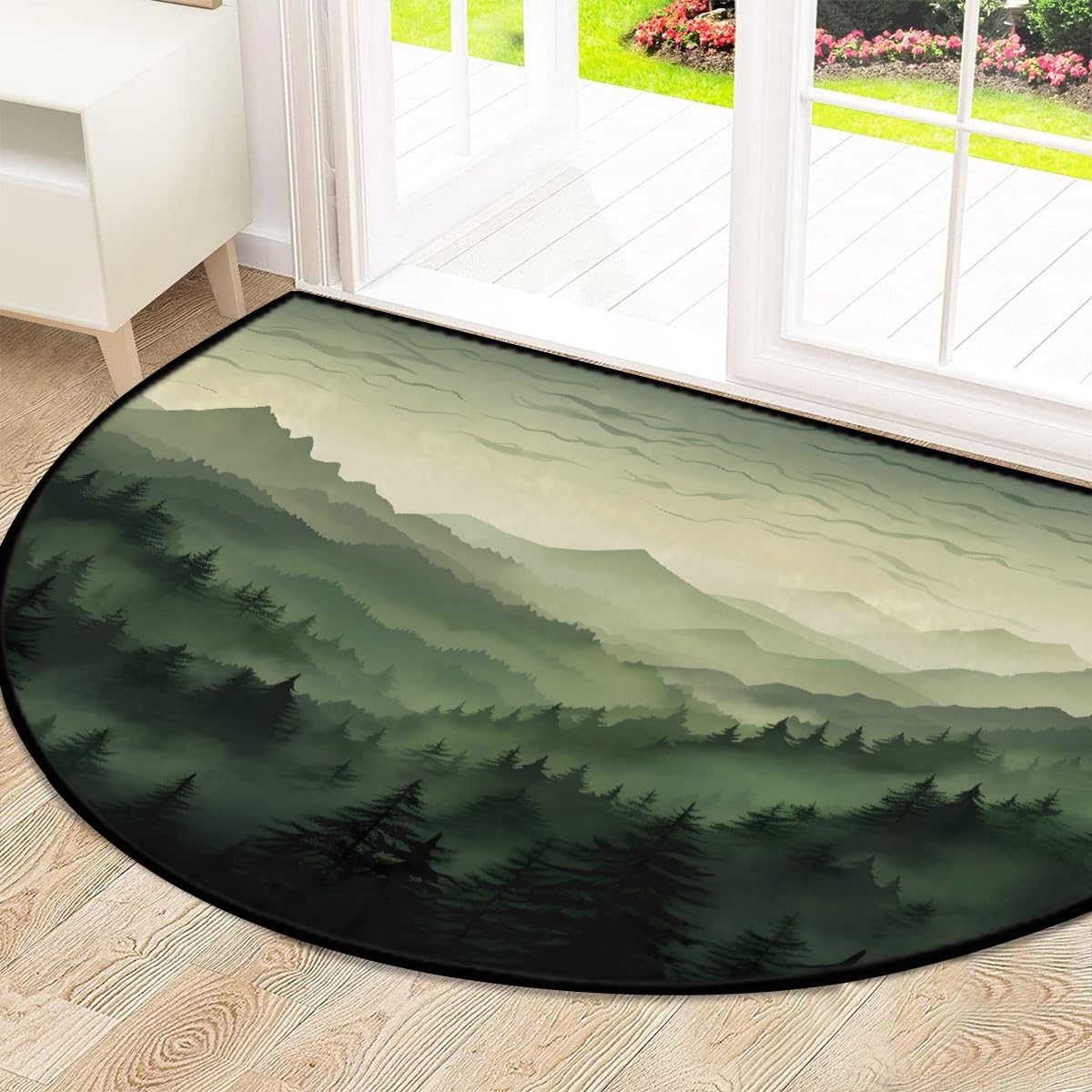 Mexpekil Paillasson demi-lune vert paysage de montagne pour intérieur et extérieur - Tapis de sol antidérapant lavable - Demi cercle - Attrape la saleté - 100 x 160 cm