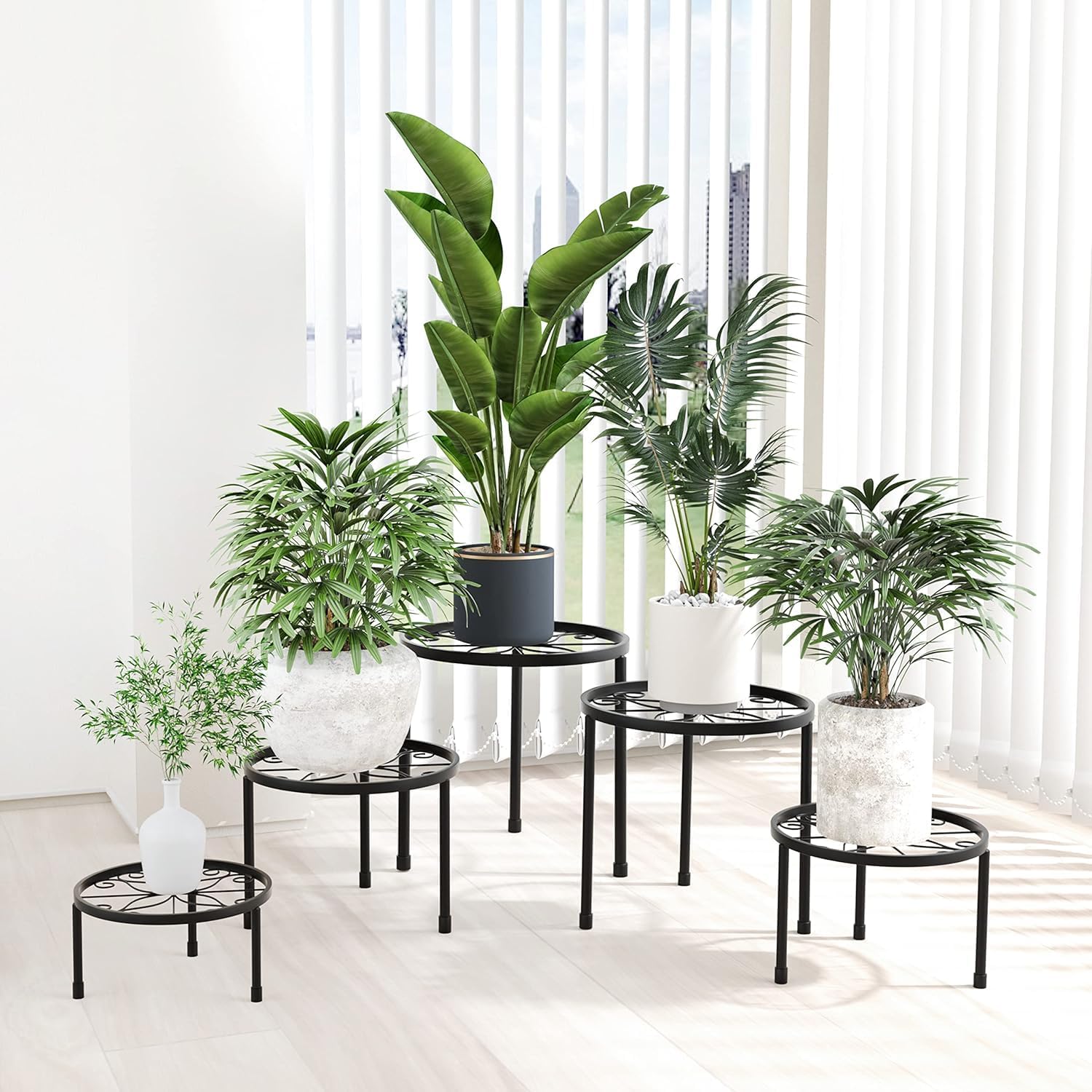 5er-Set Blumenständer aus Metall, Pflanzenständer für Innen Außen Garten Pflanzen,Blumentopf Ständer für Pflanzentreppe, Anti-Rost Eisen Display Rack für Haus & Garten Dekoration (Schwarz)