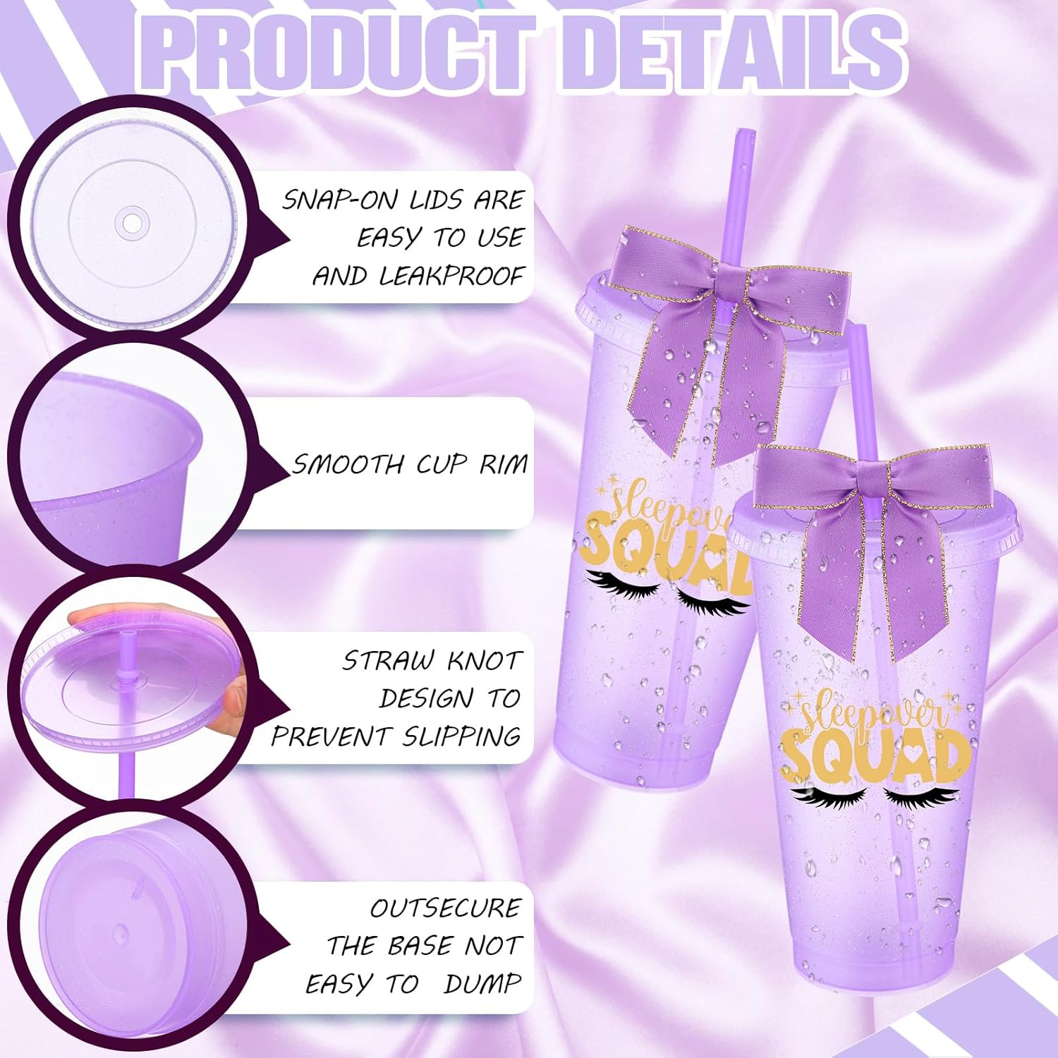 8 Pcs Purple Sleepover Party Supplies Slumber Party Cup Birthday Squad Cup with Lid Straw and Twist Bow 24 oz Plastic Coffee Tumbler Travel Mug for Spa Pajama Birthday Favor Stuff - Image 2