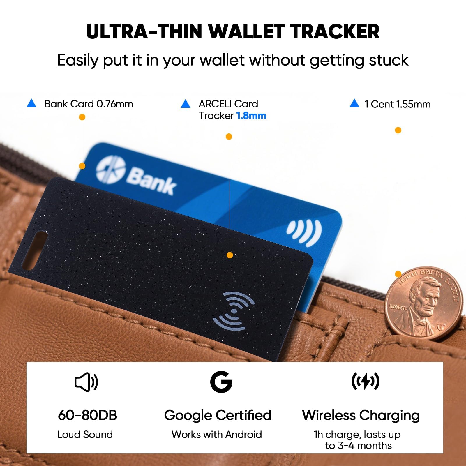Geldbörsen-Tracker-Karte für Android,Wiederaufladbarer Wallet Tracker kompatibel mit Google Find My (Nur Android), IP68 Wasserdicht, Bluetooth Smart Tag für Schlüssel,Geldbörse,Ausweis