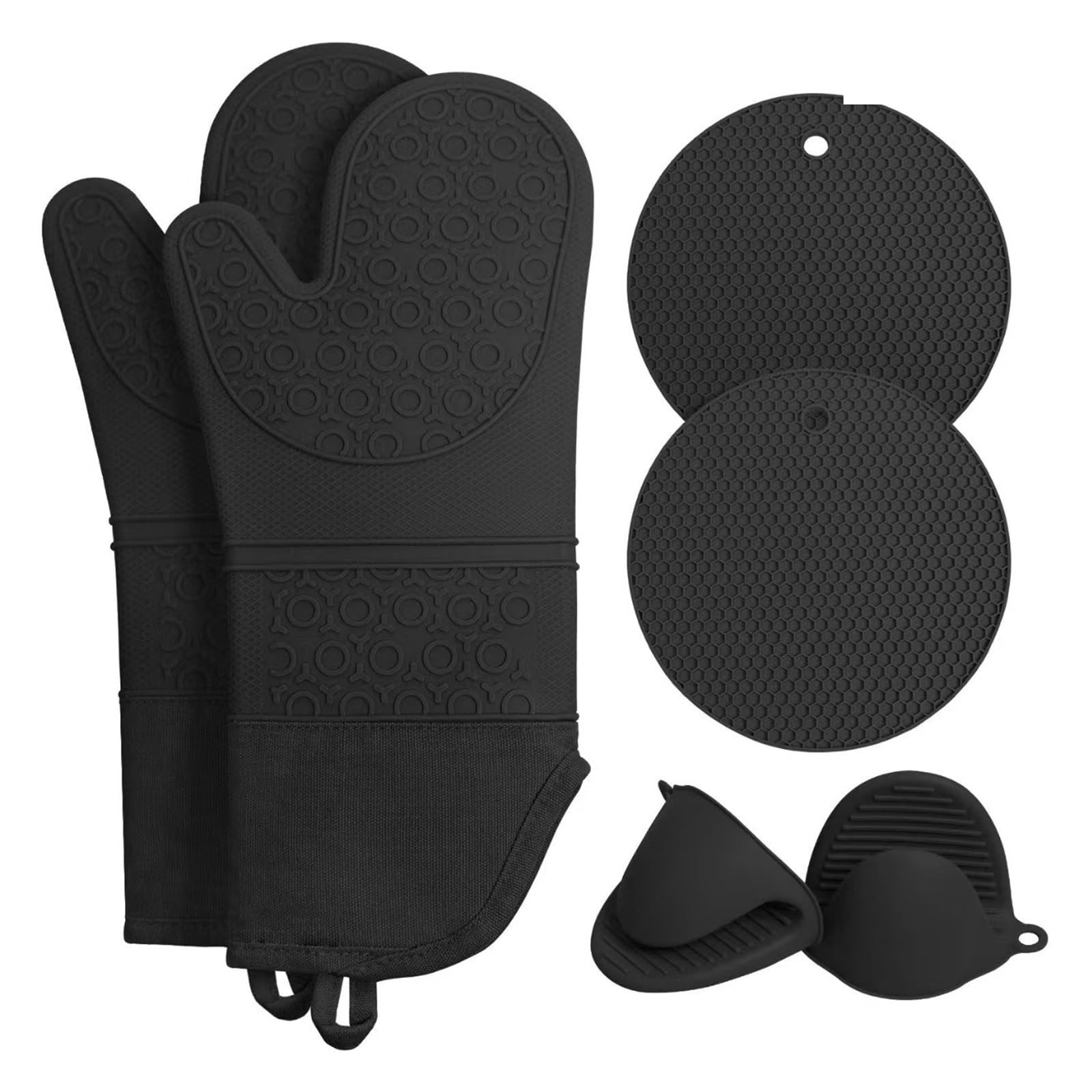 MRKU Backhandschuhe, Ofenhandschuhe aus hitzebeständigem Silikon mit Mattenclip, 6-teiliges Set, mikrowellengeeignet, für hohe Temperaturen in der Küche und zum Grillen geeignet