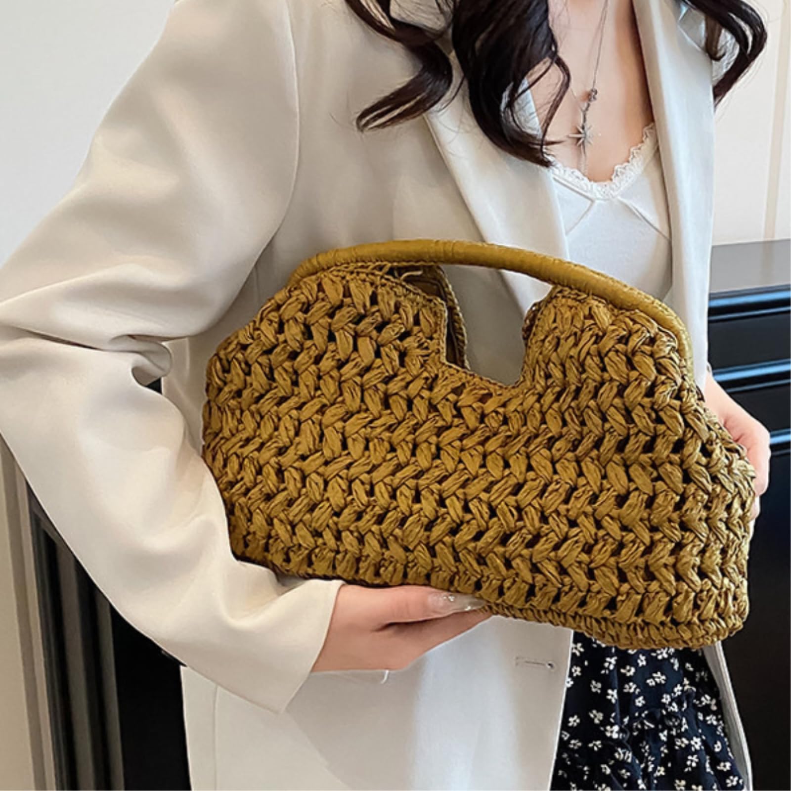 Strohtasche Damen Sommer Frauen Strandtasche Clutch Handtasche Tote Tasche Mode Gewebt Rattan Reisetasche-Black