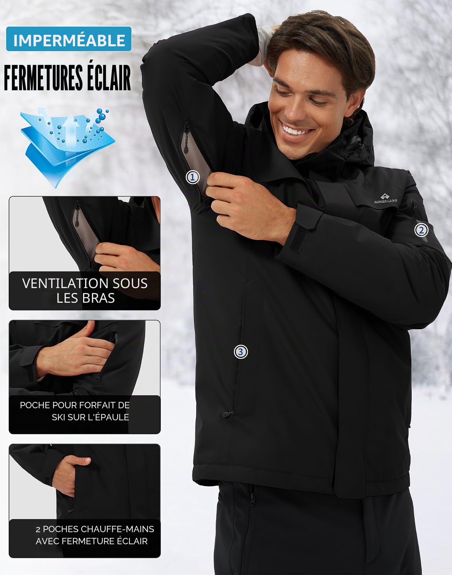 Veste de ski pour homme - Imperméable - Chaude - Respirante - Veste d'hiver avec capuche - Outdoorjac