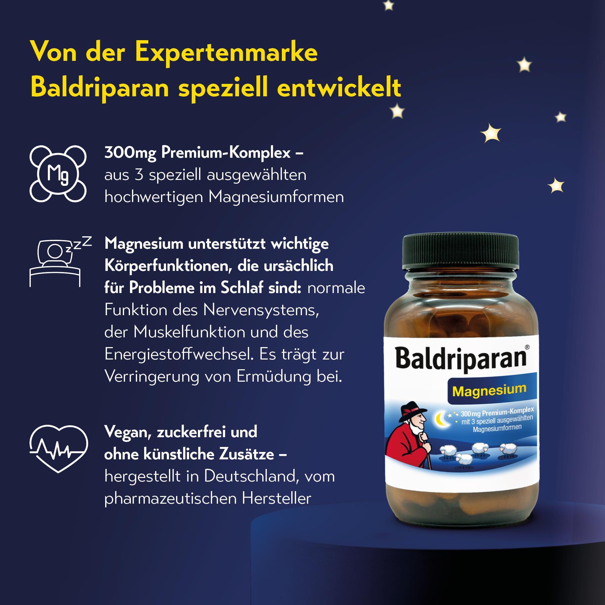 Baldriparan® Magnesium - hochdosierter Premium-Komplex mit Magnesiumbisglycinat aus der Apotheke. Hohe Bioverfügbarkeit. Laborgeprüft, vegan und ohne künstliche Zusätze.