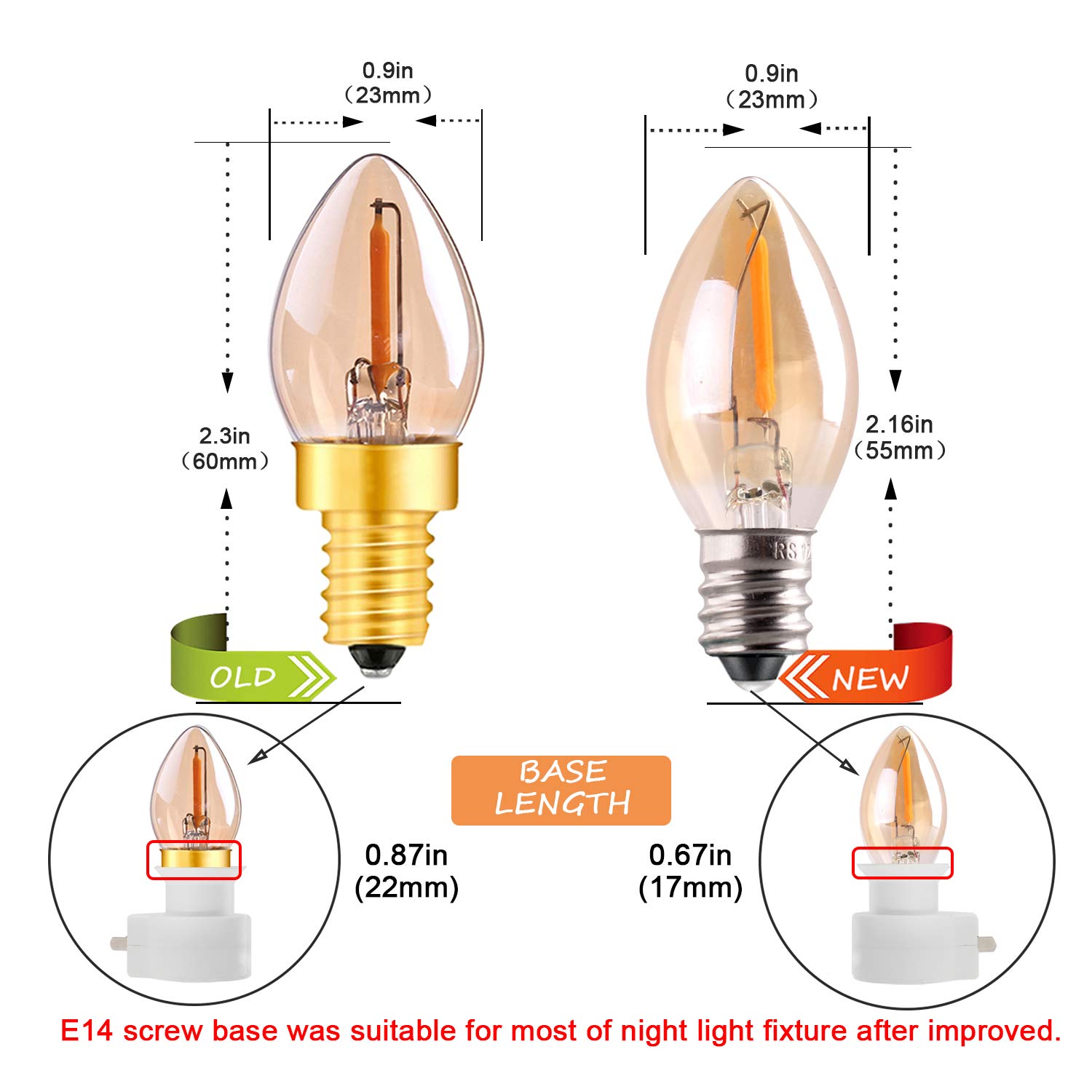 Genixgreen Żarówka LED C7, 0,5 W, bursztynowy blask 4 W, zamienniki żarowe dekoracyjne Edison E14 kandelabr podstawa LED filament lampka nocna Ultra ciepła biel 2200 K nieściemnialna 25 sztuk