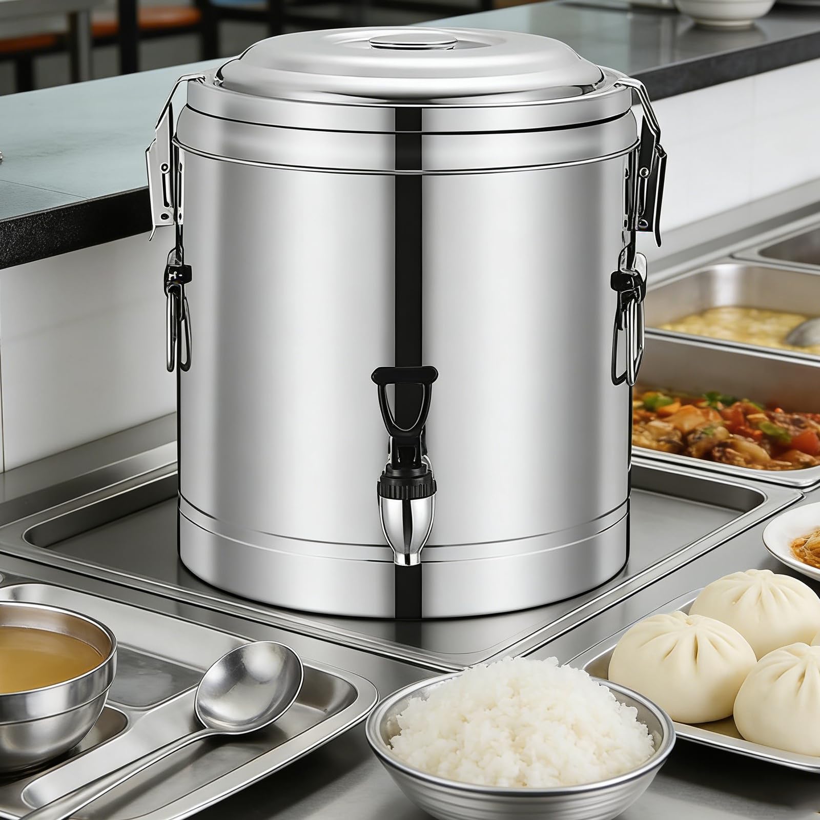 Dispensador de bebidas aislado con grifo de acero inoxidable urna de catering para agua