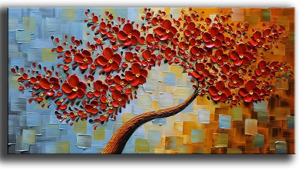 YaSheng Art -handpainted Contemporary Art Oil Painting On Canvas 3D Red Tree Paintings Modern Home Decor Wall Art for living room Ready to hang 24x48inch