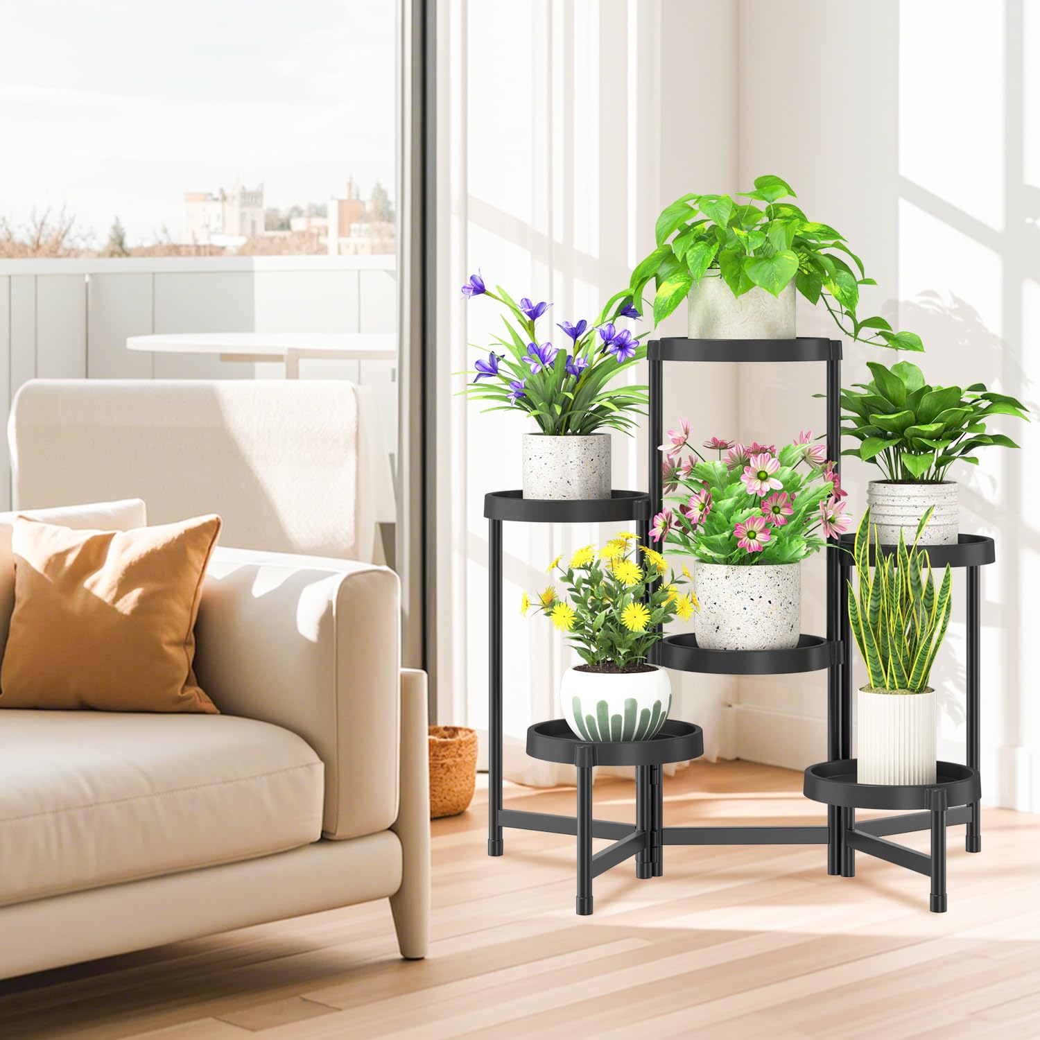 iDavosic.ly Pflanzenständer Plant Stand Metall/Kunststoff, 6 Ebenen Schwarz | Mehrstöckiges Pflanzenregal Blumenständer Blumenregal für Indoor Outdoor Wohnzimmer Balkon Terrasse Garten Hof