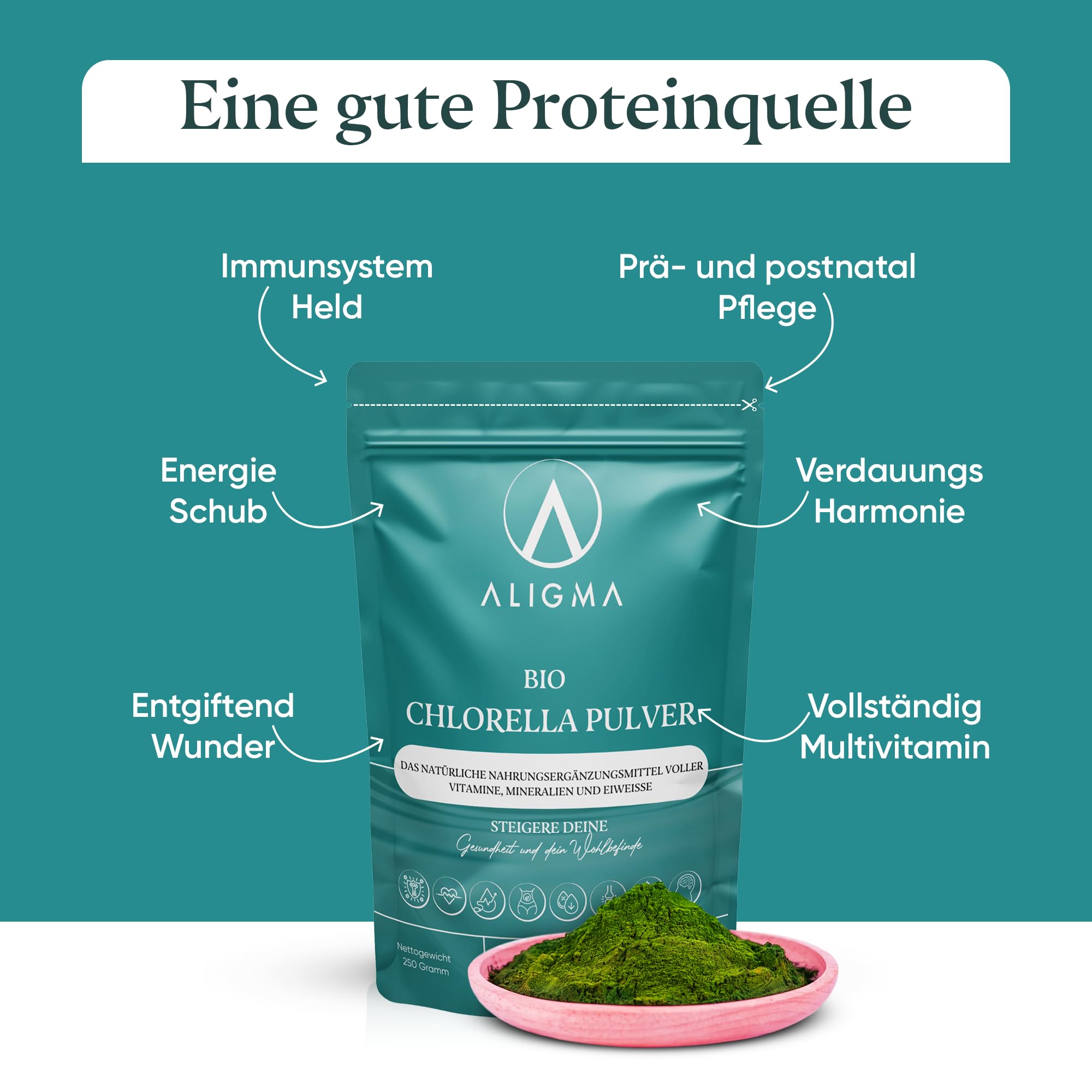 Aligma Bio-Chlorella-Pulver 250 g zur Stärkung des Immunsystems, Super Grüns-Pulver, natürliche Quelle für veganes Protein, Mineralien und Vitamine | Wiederverschließbare Verpackung