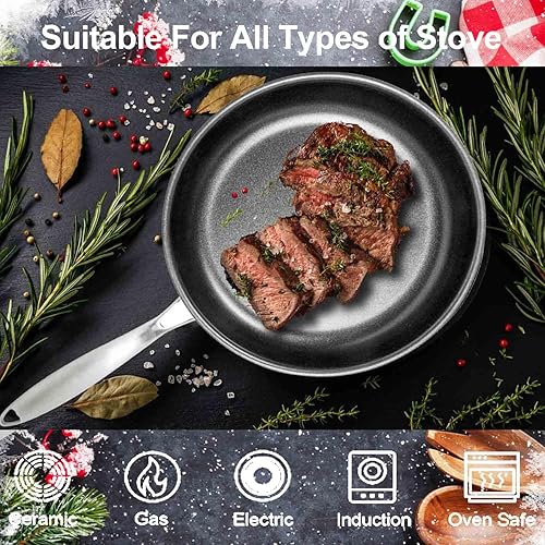 Miniatura 4 de AUDANNE Juego de sartenes antiadherentes de acero inoxidable con tapa, 6 piezas, 8 pulgadas, 10 pulgadas y 12 pulgadas, sartén antiadherente sin