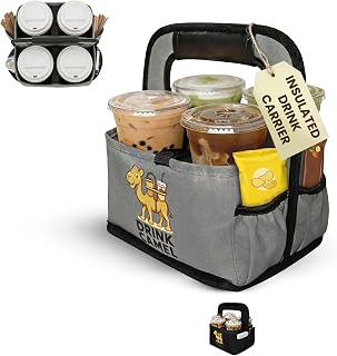 Drink Carrier with Handle – Durable No-Spill Insulated (4 Cup, Grey)