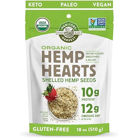 Manitoba Harvest Organic Hemp Hearts Shelled Hemp Seeds, 18oz; 10g Plant-Based Protein & 12g Omegas per Serving, Whole 30 Approved, Vegan, Keto, Paleo, Non-GMO, Gluten Free