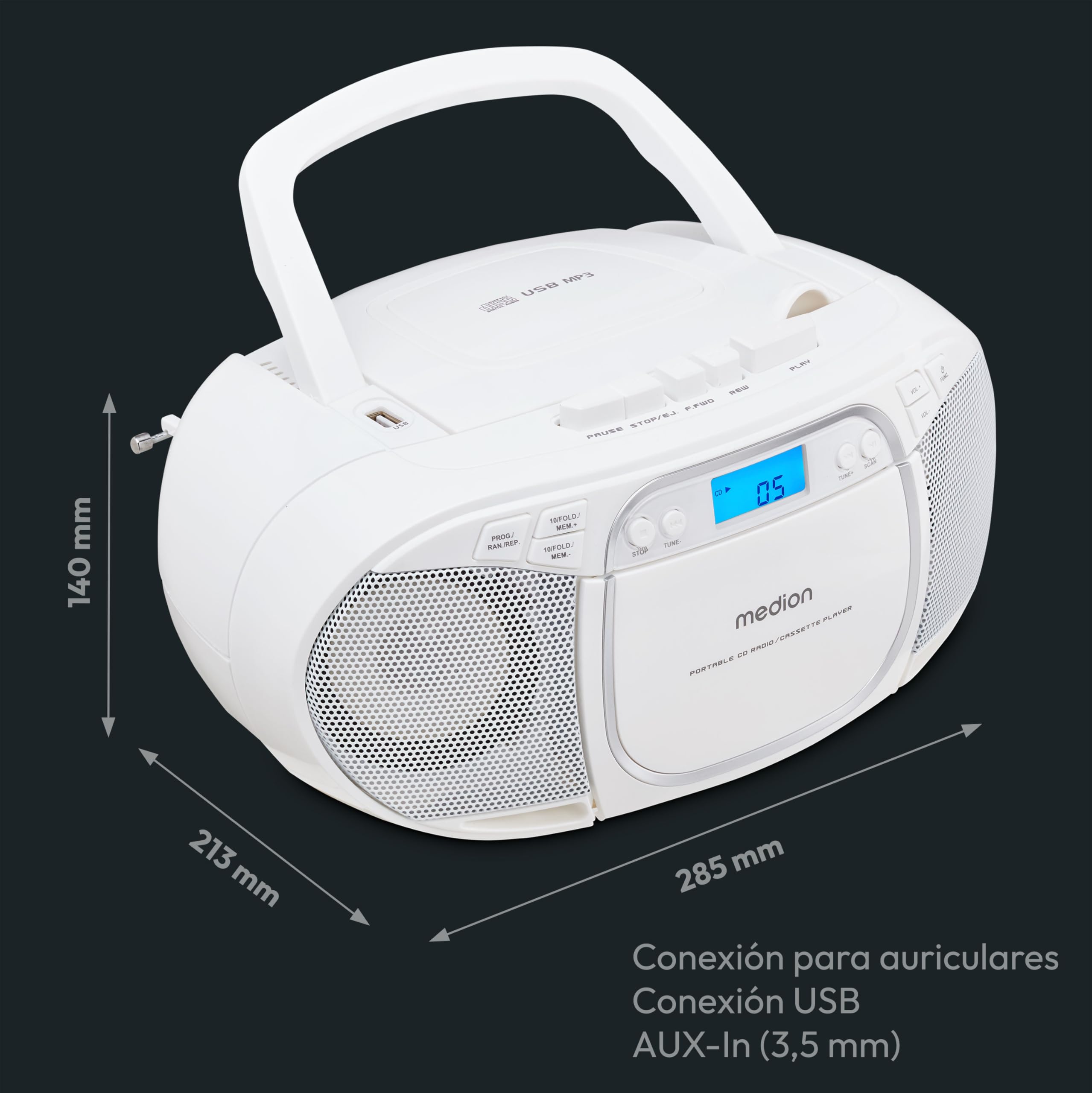 MEDION E66476 Sistema de Sonido estéreo (Boombox, Reproductor de CD, MP3, Cassette, Reproductor de Cassettes portátil para niños, Radio FM, AUX, Auriculares, Red y batería) Blanco