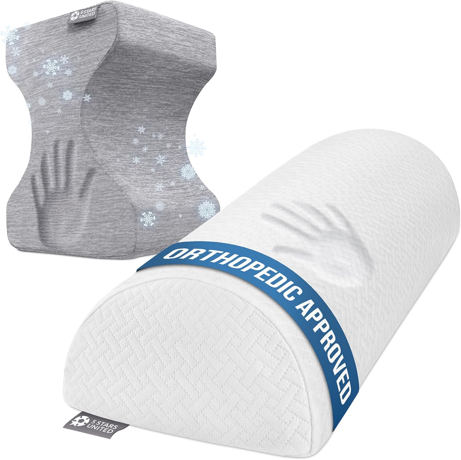 5 STARS UNITED Half Moon Bolster Semi-Roll Pillow and Knee Pillow for Side Sleepers Cooling Cover - Bundle, 100% Memory Foam