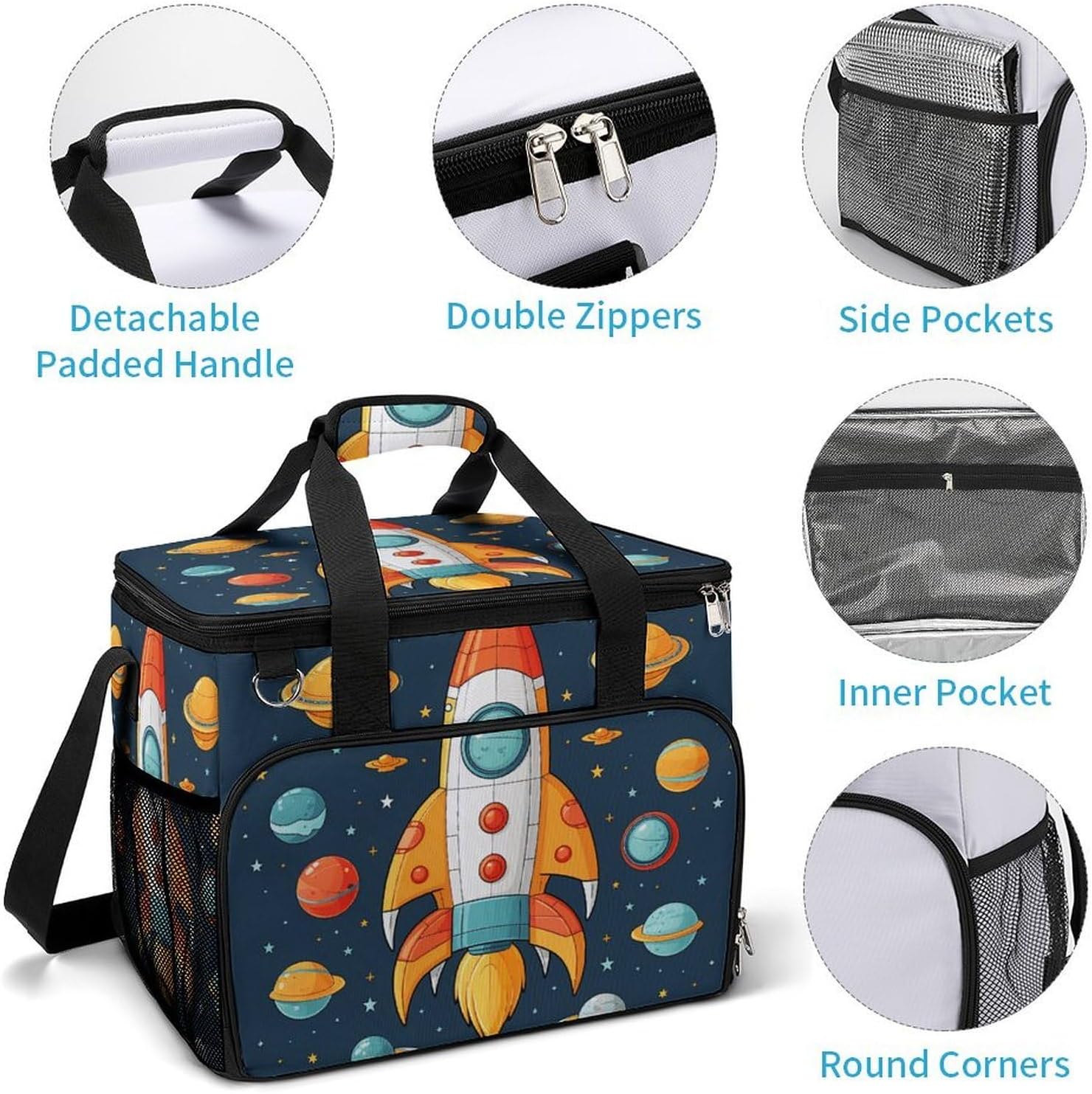 Large Capacity Oxford Cloth Rocket Clipart Space Ship Printed Camping Ice Bag, Outdoor Portable Insulation and Cooling Bag, Suitable for Outdoor Camping and Picnics