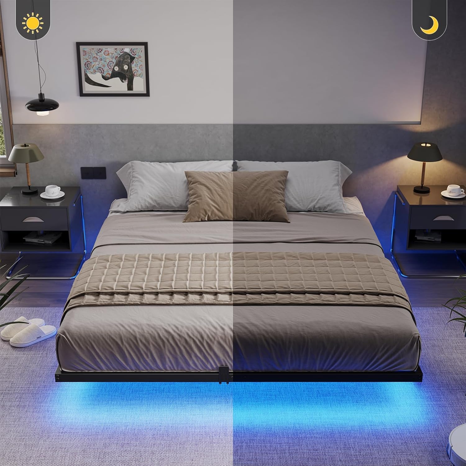 SANGMUCEN Floating Queen Bed Frame with LED Lights & USB Charging Station, Metal Platform Bed Frame Queen Size, No Box Spring Needed, Steel Slat Support, Anti-Noise Foam Stickers, Easy to Assemble - Image 7