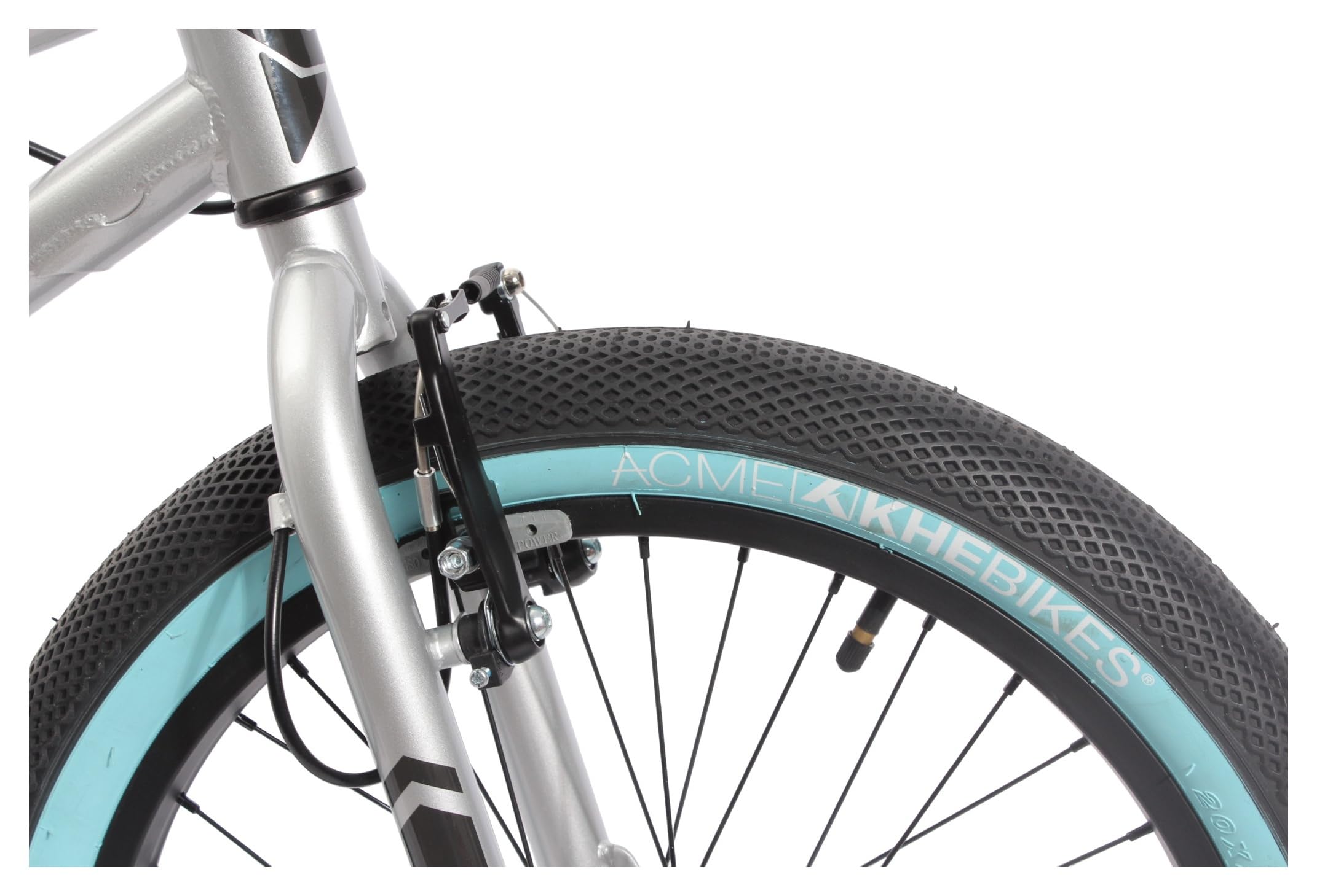 KHE Park Vélo BMX 20", léger, 11,1 kg, Freestyle Bike pour débutants et confirmés, freins en V, tube supérieur de 19,5", argenté/turquoise, modèle 2025