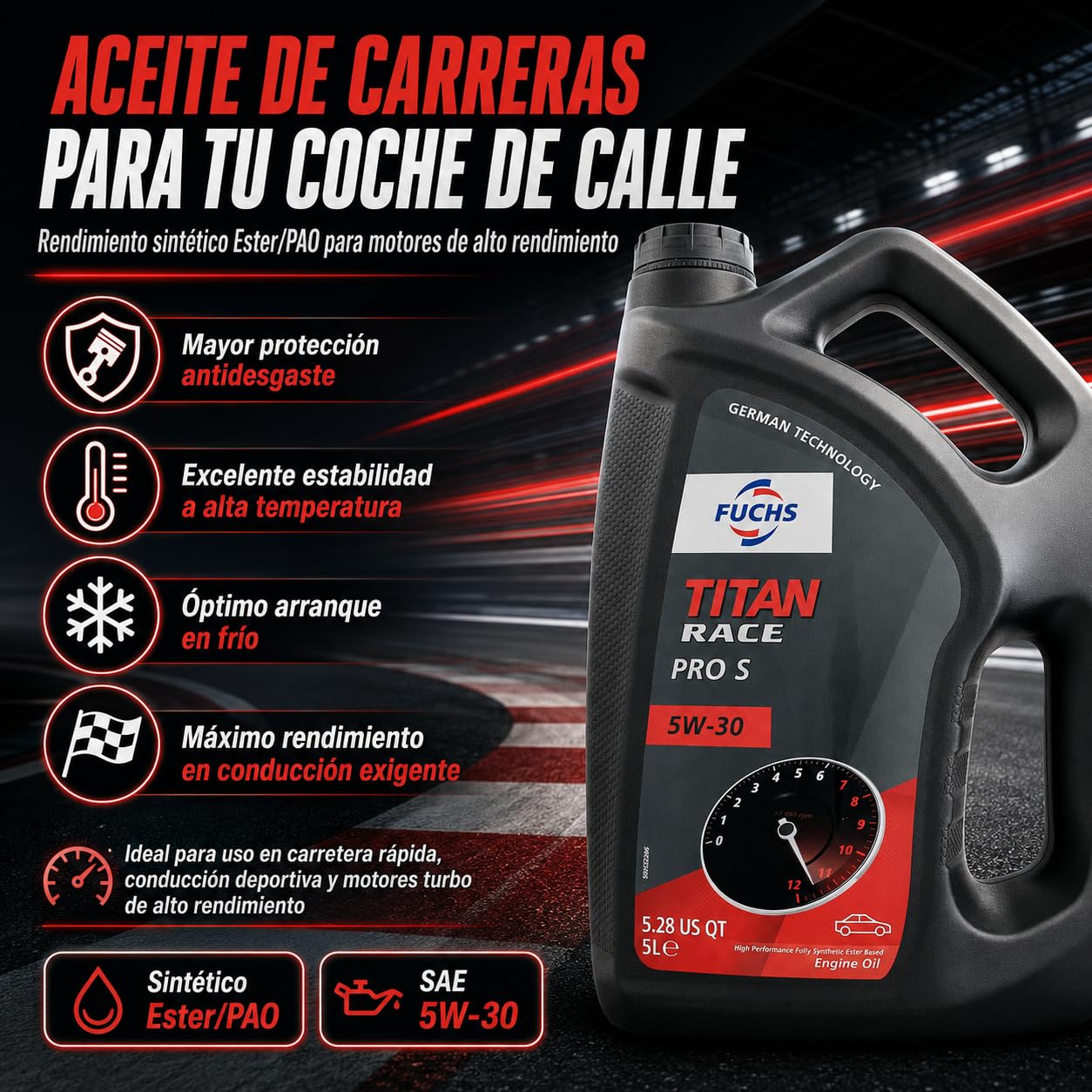 FUCHS TITAN RACE PRO S 5W-30 Aceite Motor 5L, 100% Sintético Ester/PAO, Alto Rendimiento, Protección Antidesgaste, Estabilidad a Alta Temperatura, Motores Deportivos y Turbo