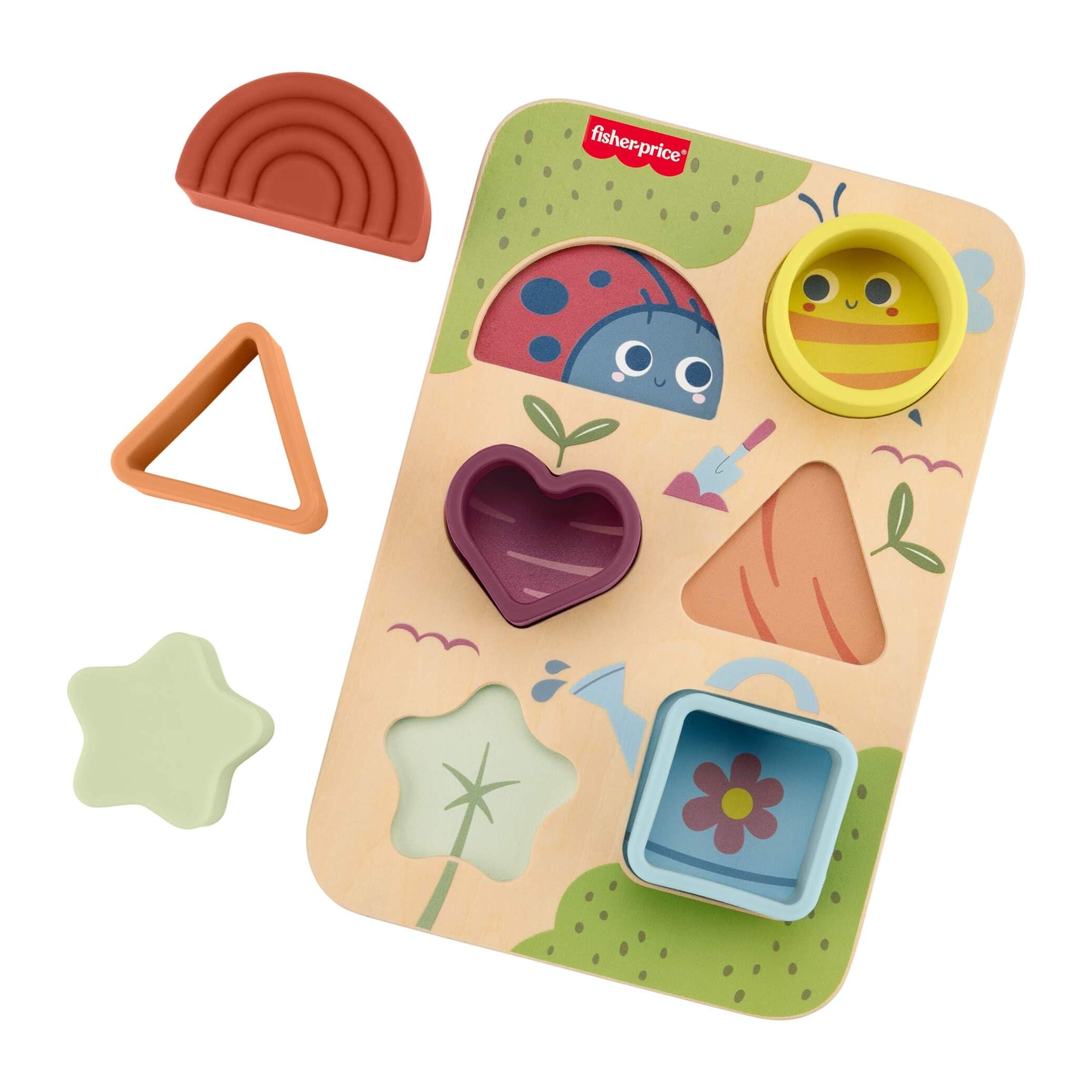 Fisher-Price Wood Baby Toy Sort and Grow Puzzle Silicone Shape-Sorting Activity with Wooden Board for Infants Ages 6+ Months, JKH10