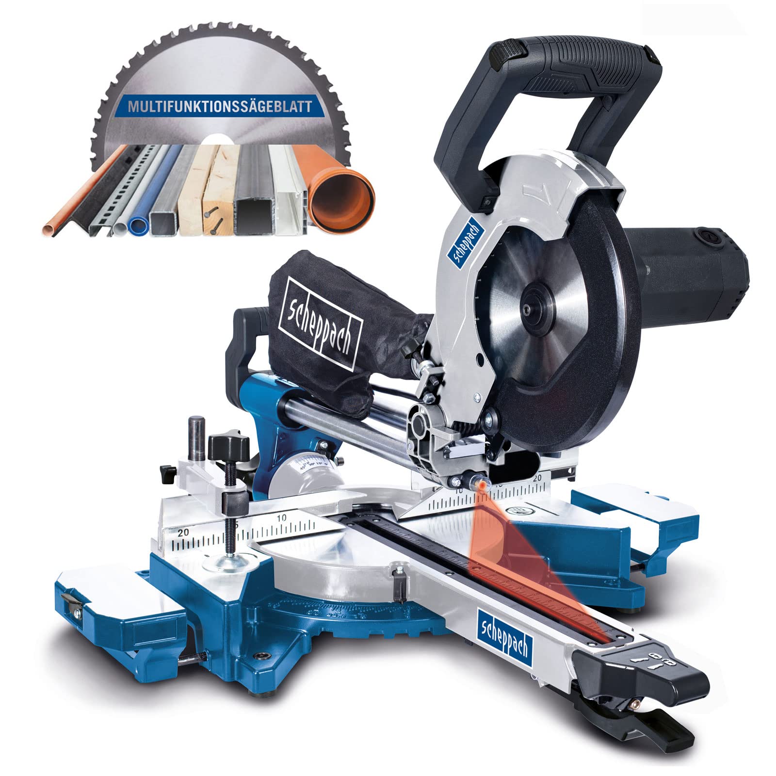 ScheppachHM90MP Mitre Saw 1700 W, Diameter 216 mm Saw Blade, Cutting Capacity 340 x 65 mm, with Cutting Edge Laser and LED, Rotary Table with Quick Lock and Two Cutting Speeds