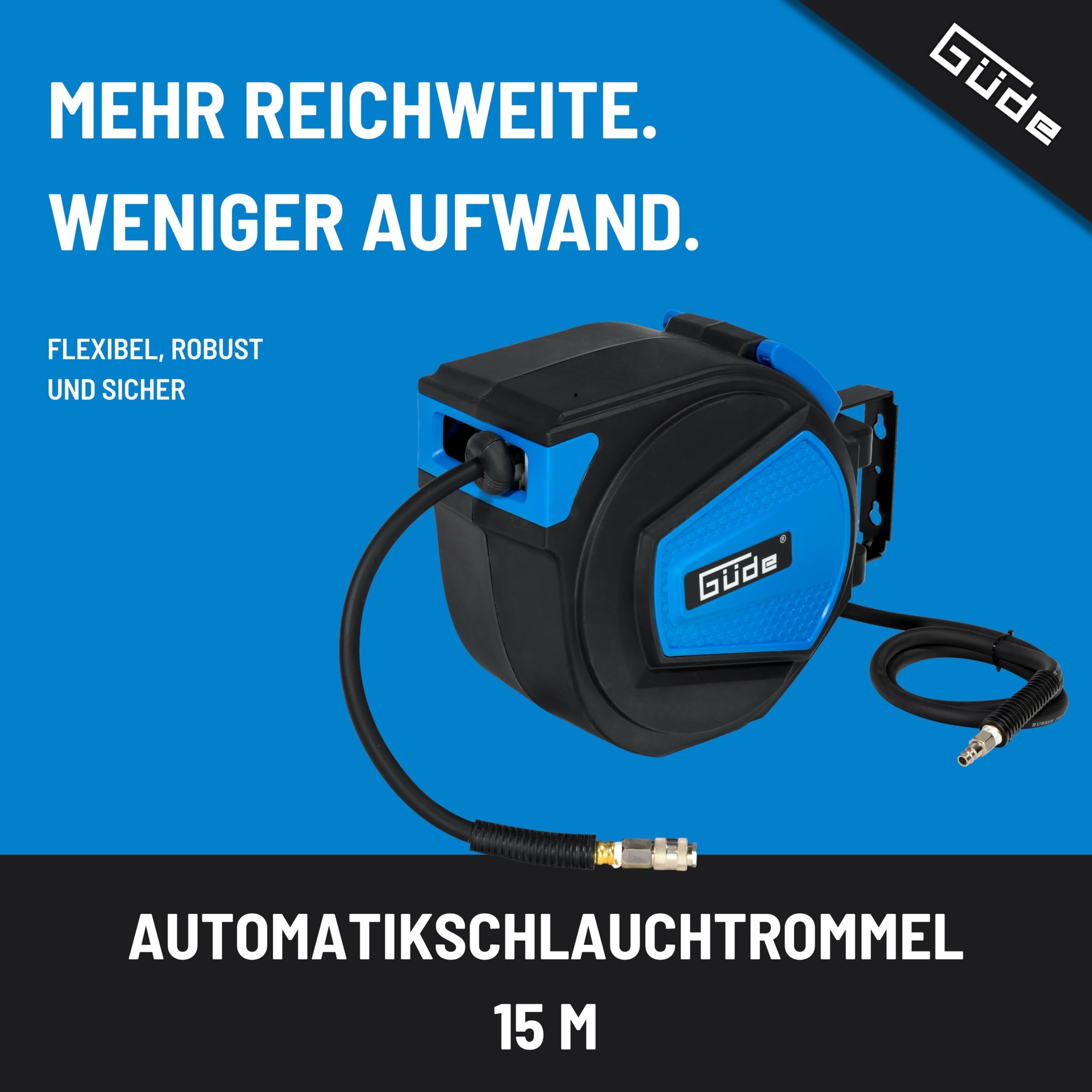 Güde Automatikschlauchtrommel 15 m (12 bar, 180° schwenkbar, Druckluftschlauch Ø 16/9 mm hochflexibel, abriebfest, überfahrbar, chemikalien- und temperaturbeständig, Automatikeinzug, Wandhalterung)