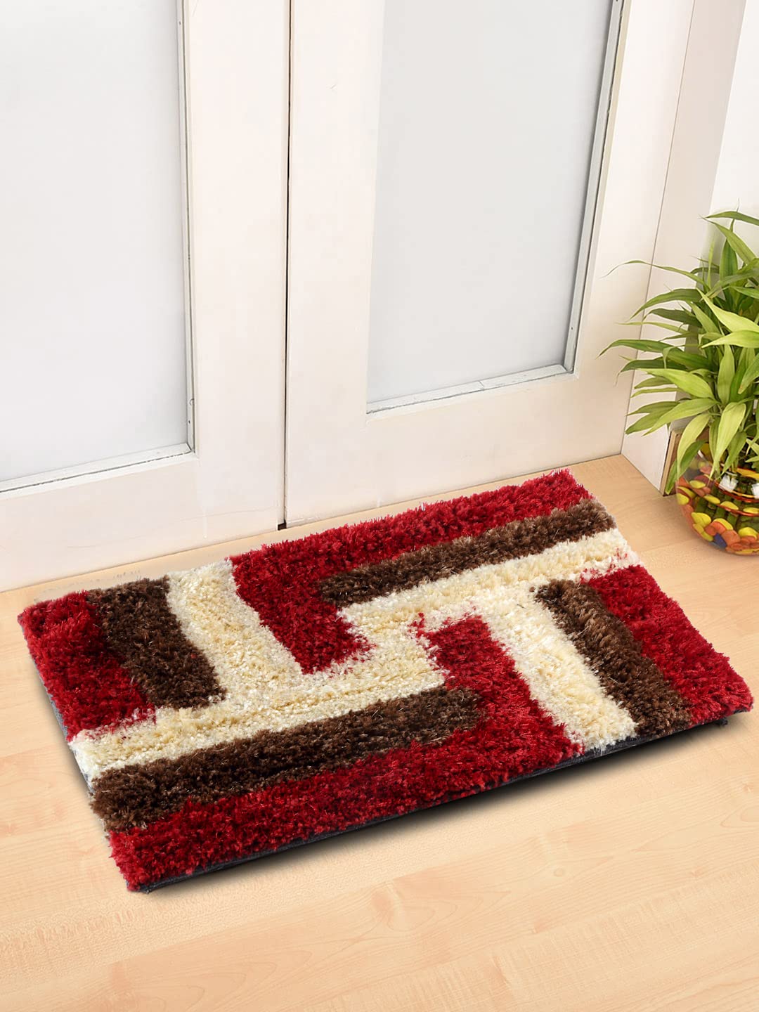 FABINALIV Geometric Red Polyester Small Size Door Mat-(60 x 40 cm) (FLDM-1033-Red)