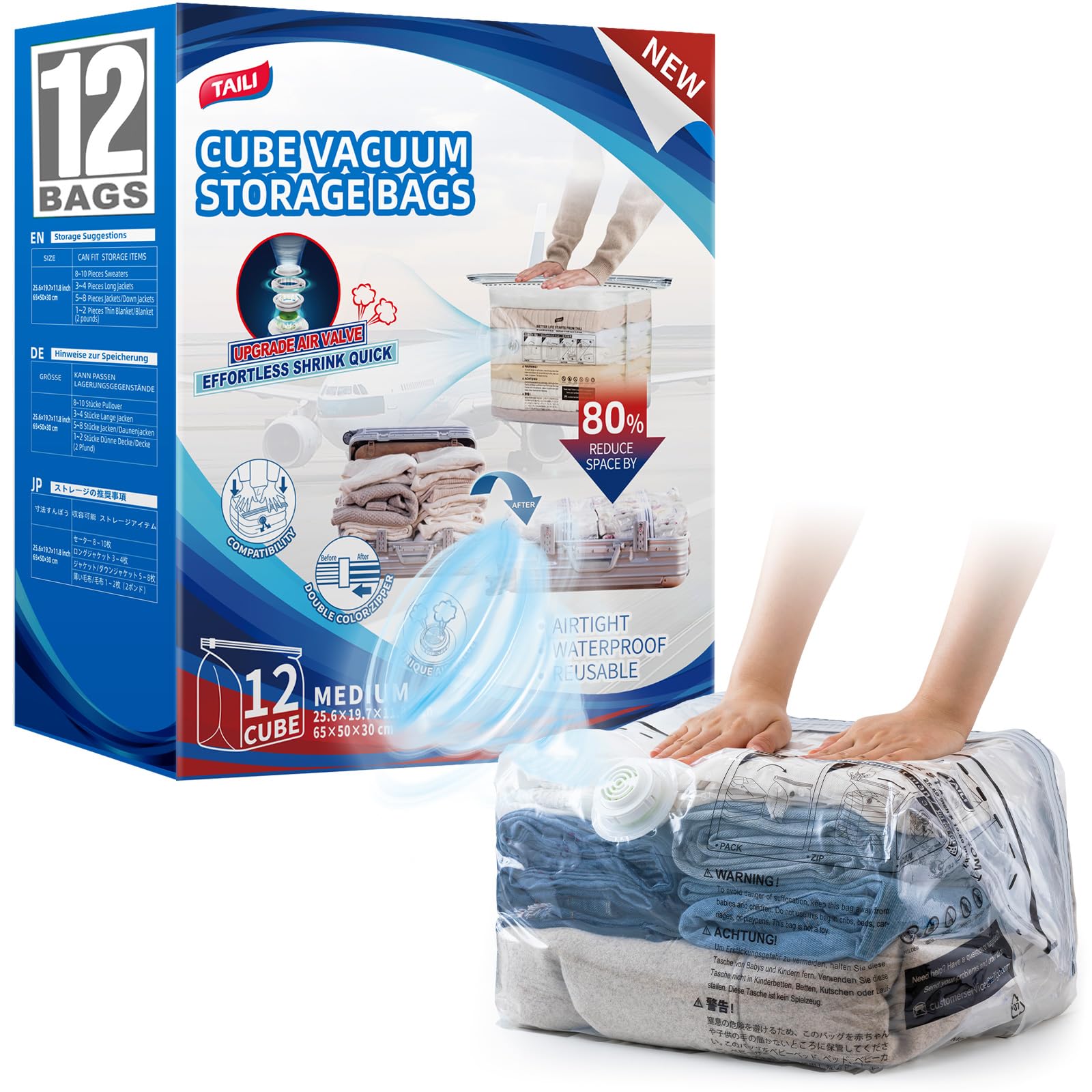 TAILI Cube Vacuum Storage Bags, 12 Pack Medium Size (25x19x11 Inch), Clear