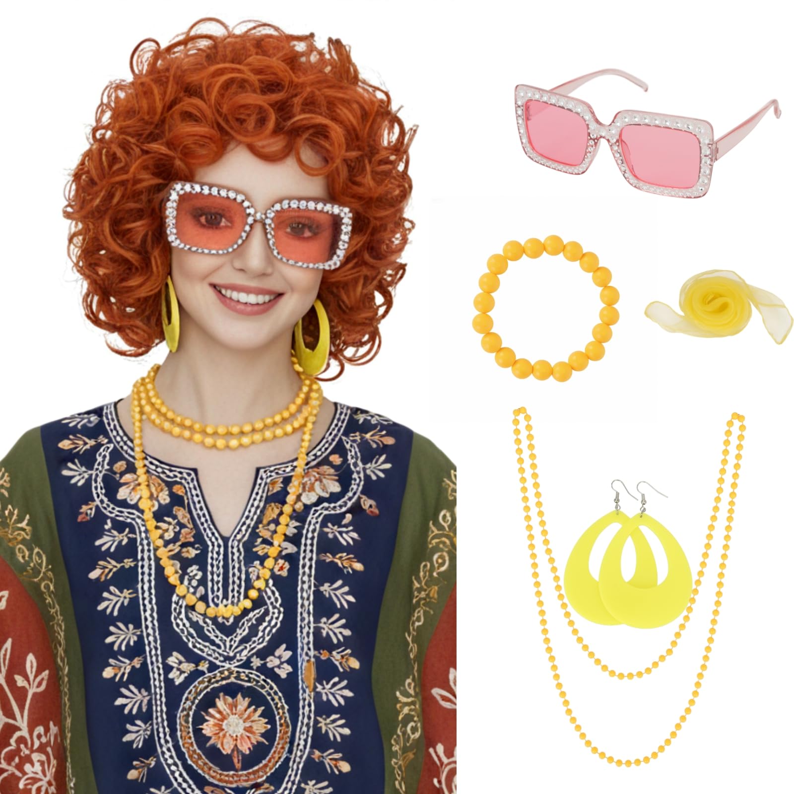 Mrs Roper Short Curly Wig Short Curly Orange Red Wig for Women Halloween Costume Cosplay Party Wigs Glasses Scarf Yellow Necklace Bracelet Earrings
