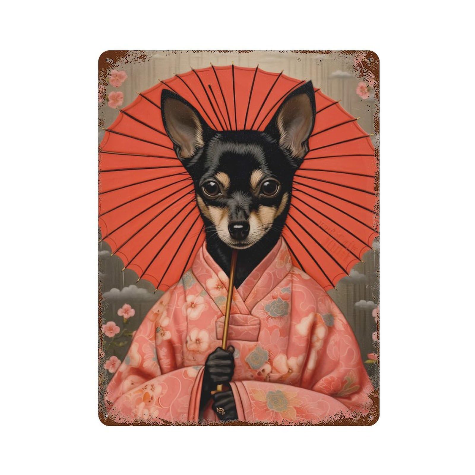 Miniature Pinscher Geisha Rust Effect Tin Sign 15.7"x11.8", Retro Wall Decor for Pub, Kitchen And Man Cave Decor