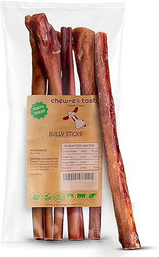 chew-e&tasty 11-12" Bully Sticks for Dogs (1 LBS Pack) - Dog Treats Single Ingredient Long Lasting High Protein - Natural Odor Free Grass-Fed Dental